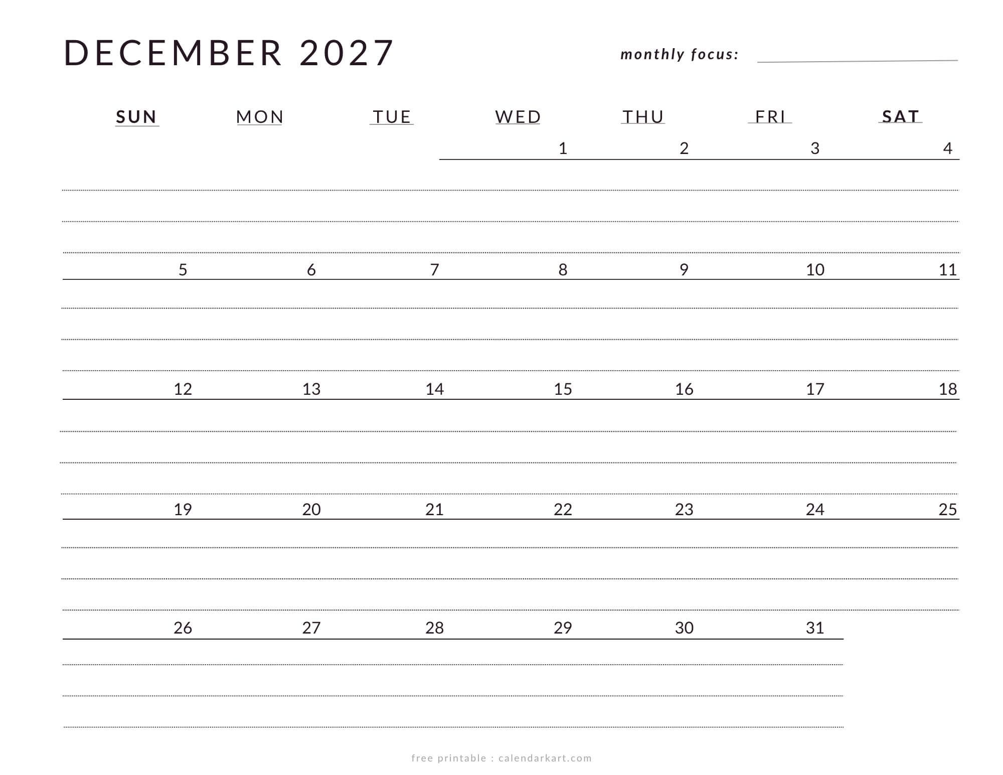 Printable December 2027 Calendar Lined