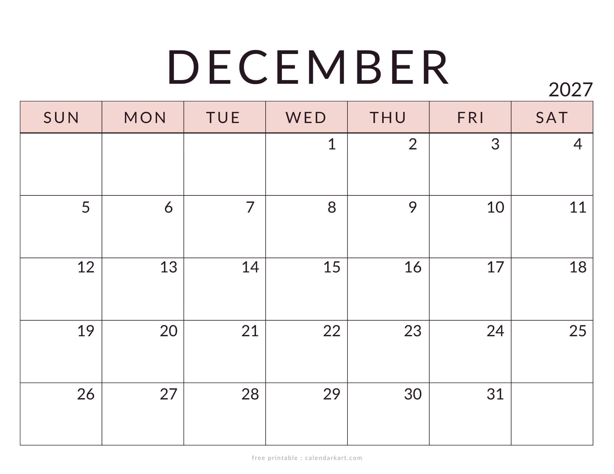 Printable December 2027 Calendar Minimal