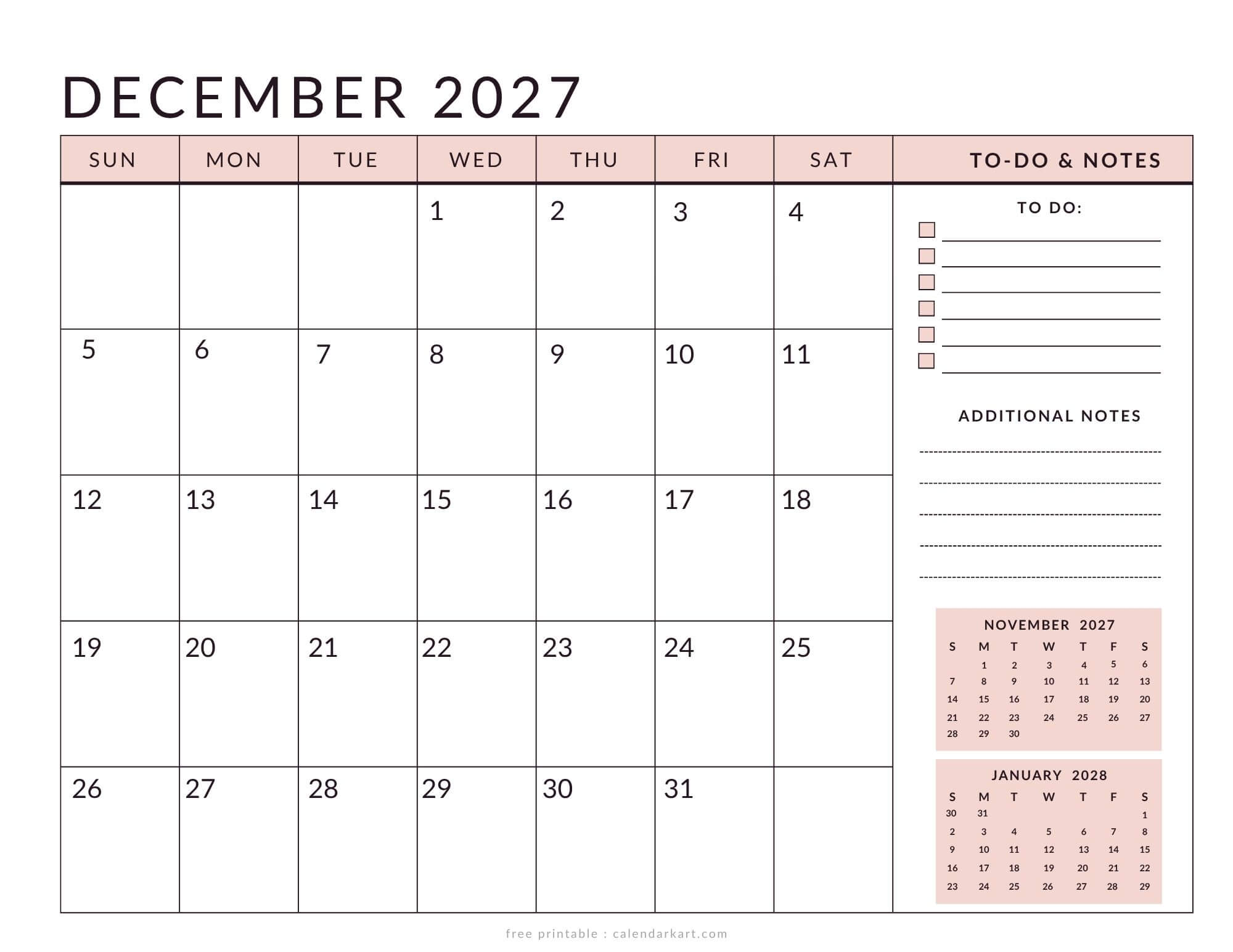 Printable December 2027 Calendar Planner Soft Pastel