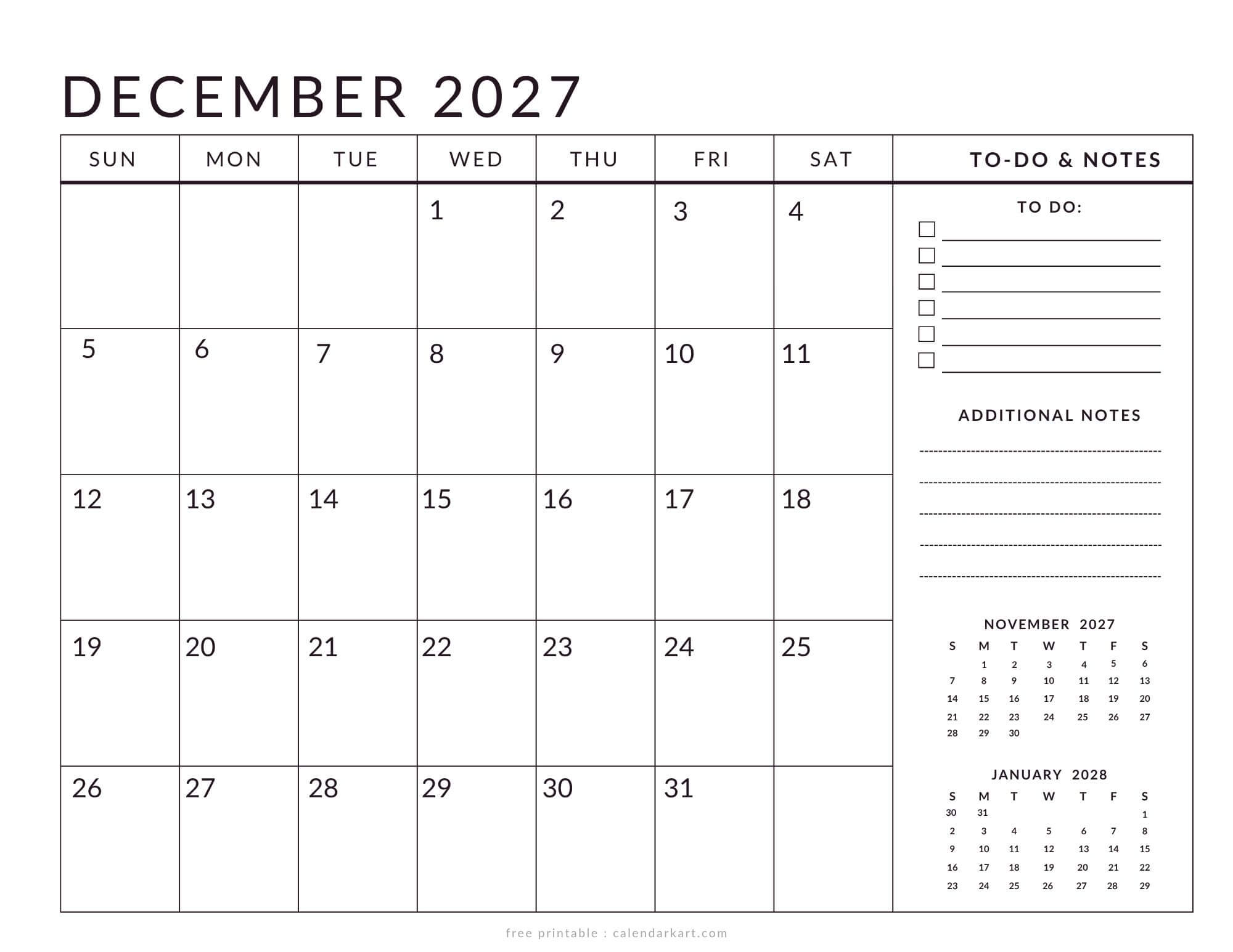 Printable December 2027 Calendar Planner