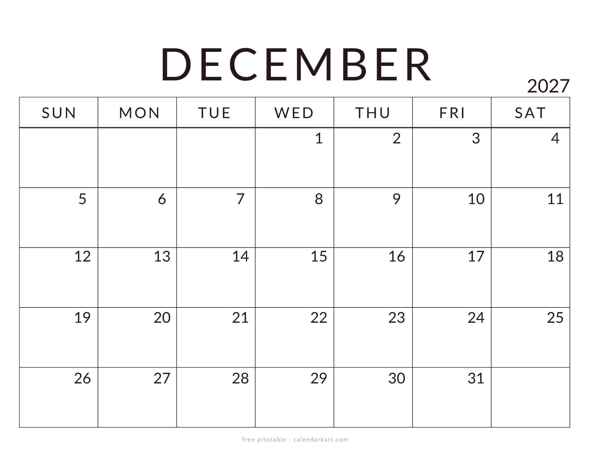 Printable December 2027 Calendar Standard