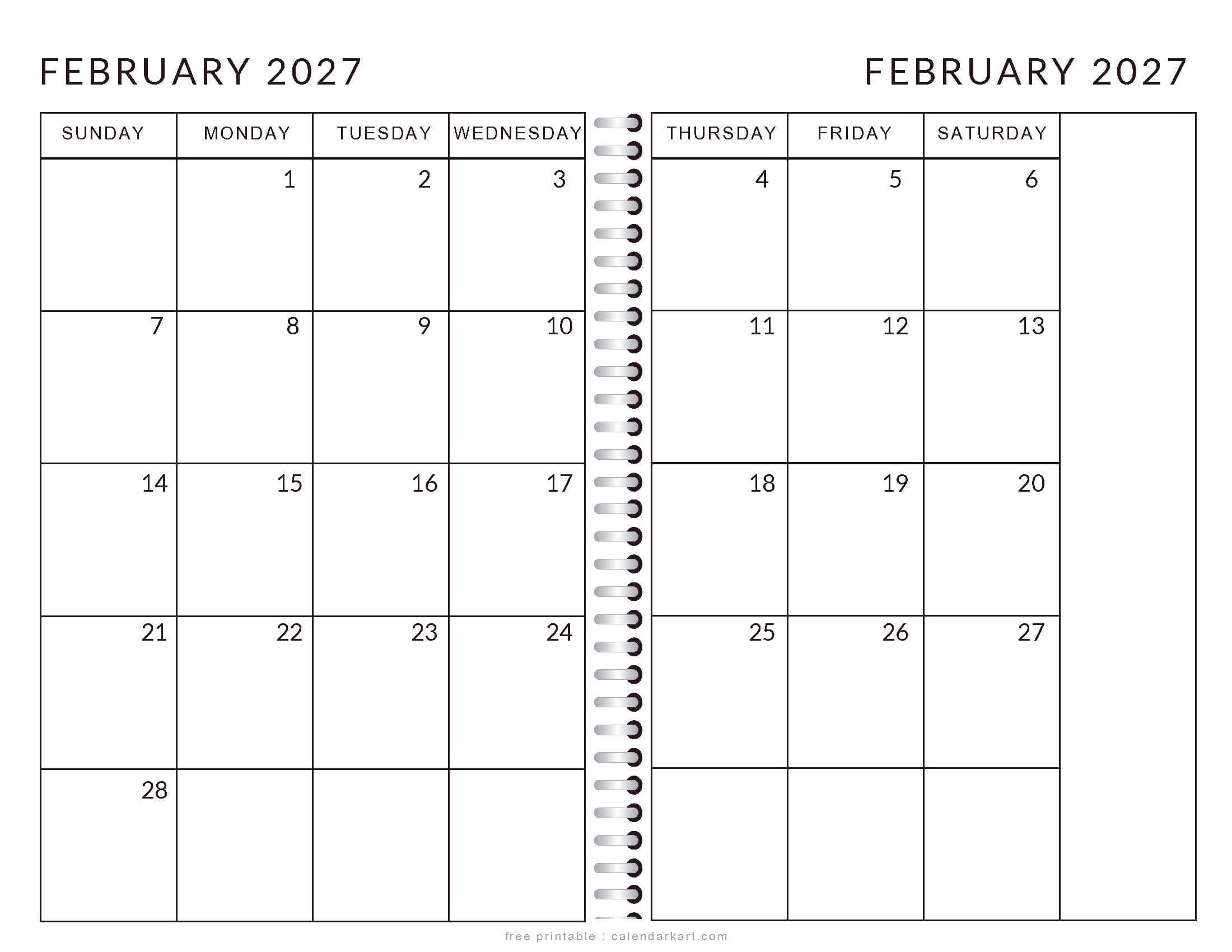 Printable February 2027 Calendar 2 Page Monthly