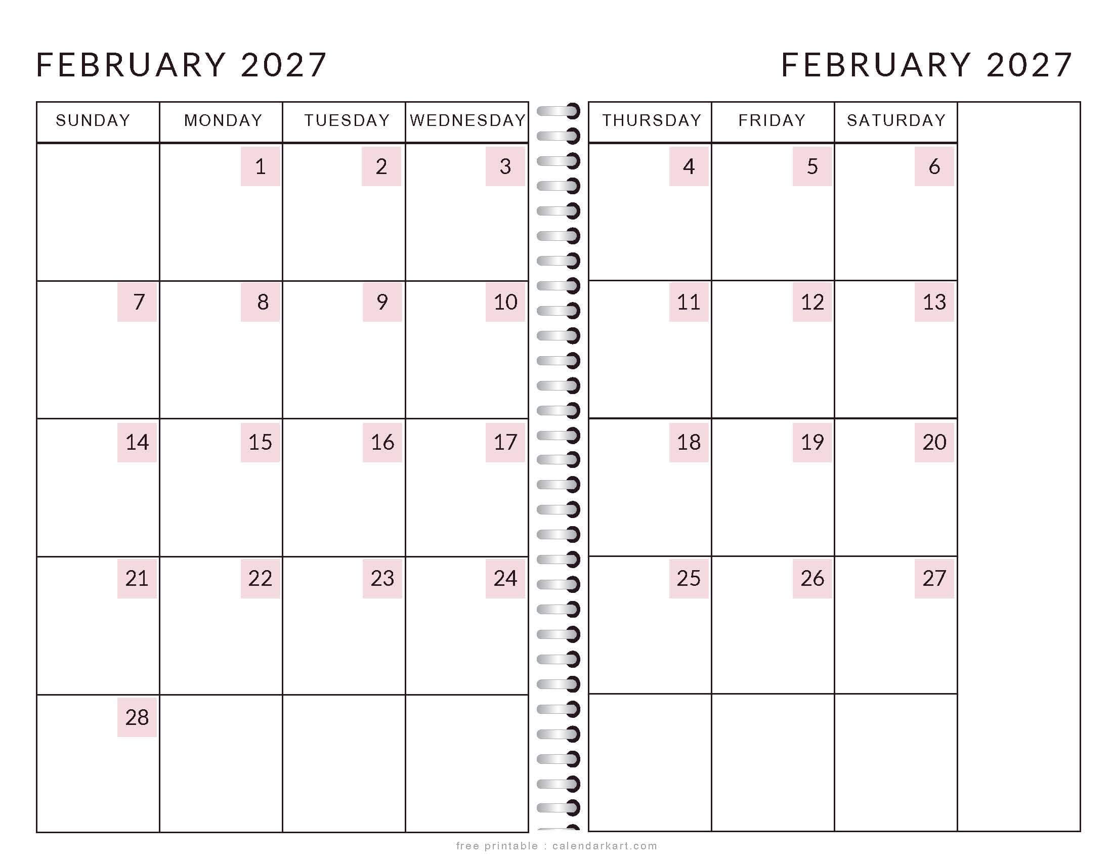 Printable February 2027 Calendar 2 Page Soft Pastel