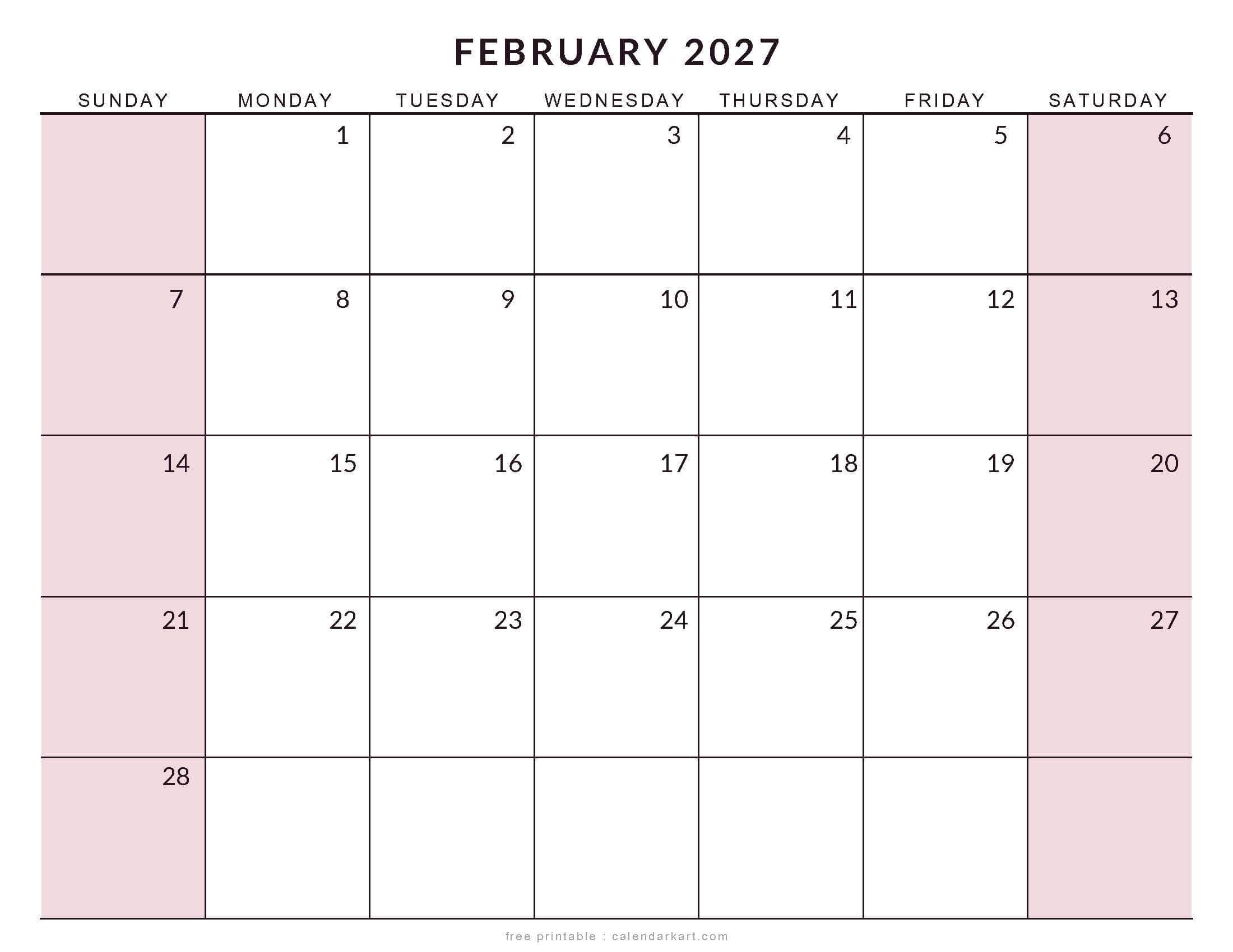Printable February 2027 Calendar Large Size Soft Pastel