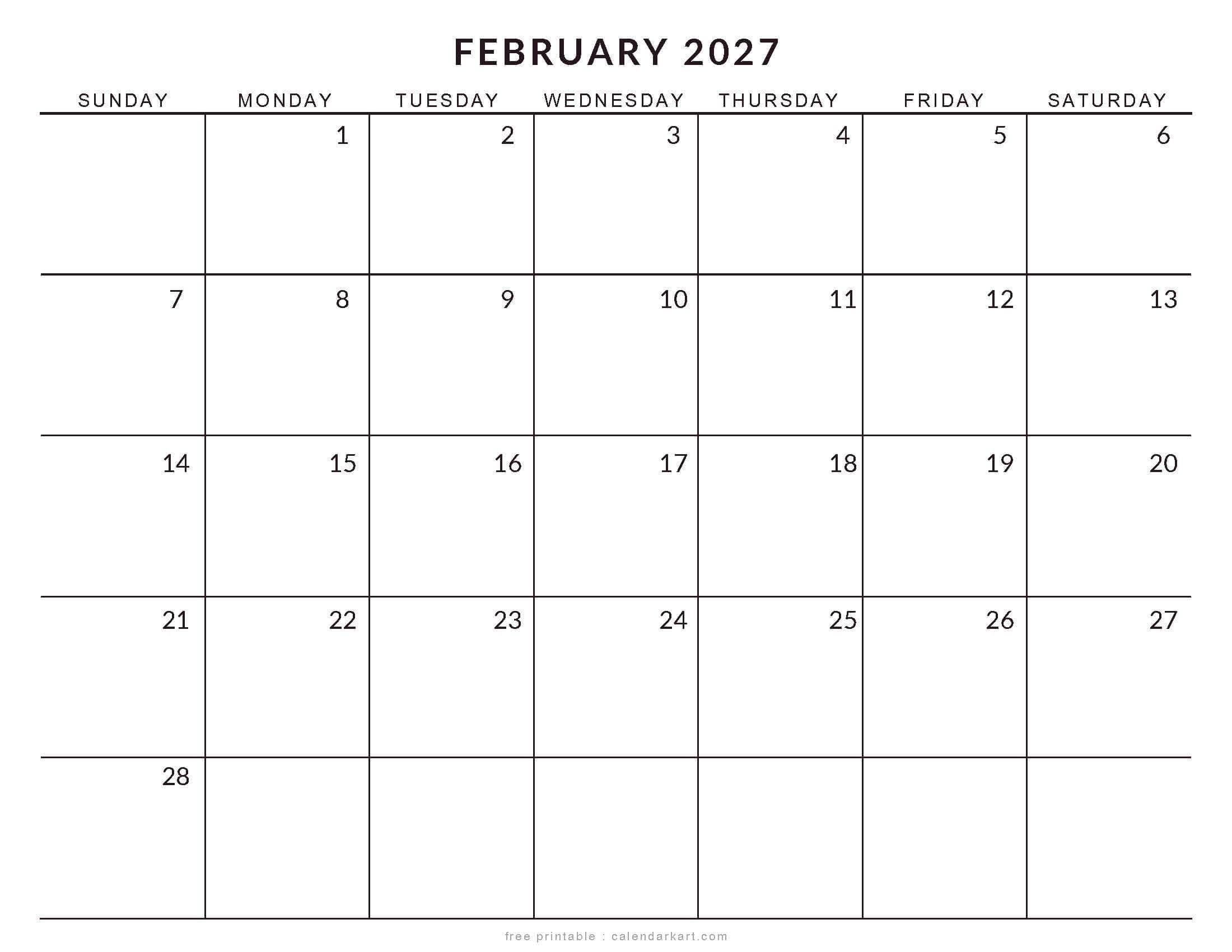 Printable February 2027 Calendar Large Size