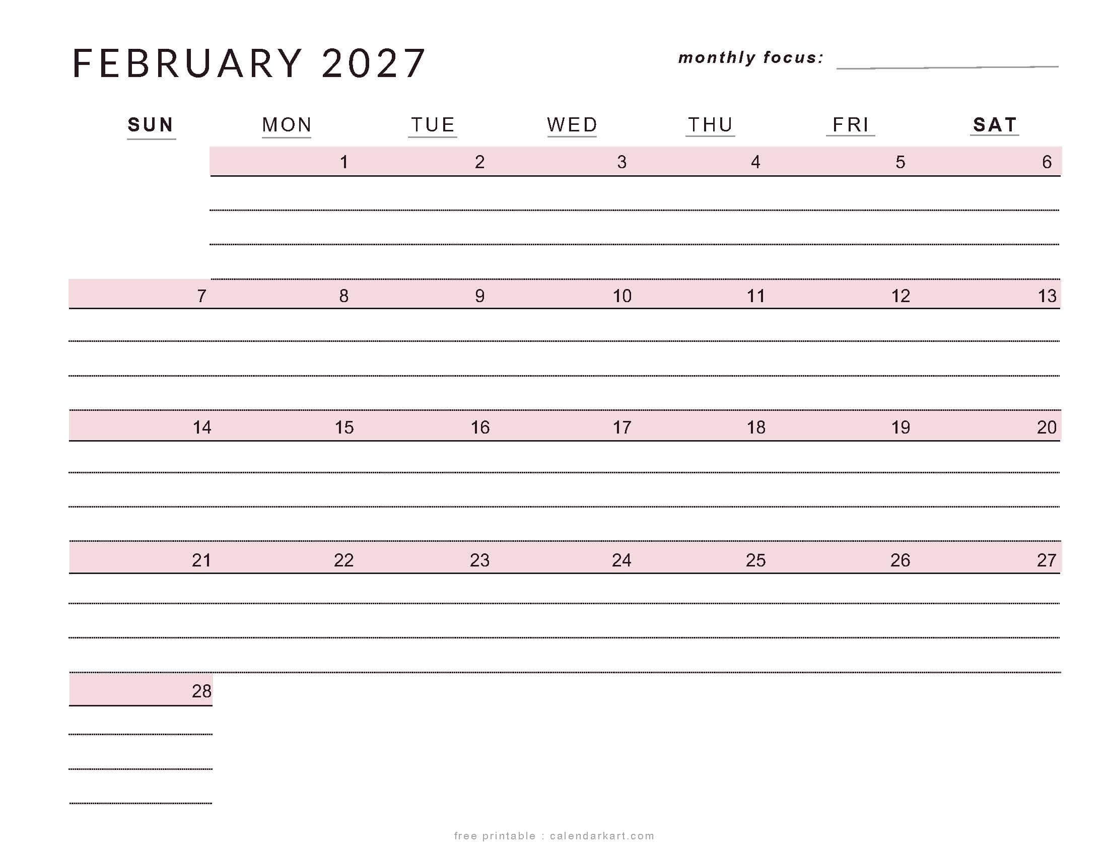 Printable February 2027 Calendar Lined soft Pastel