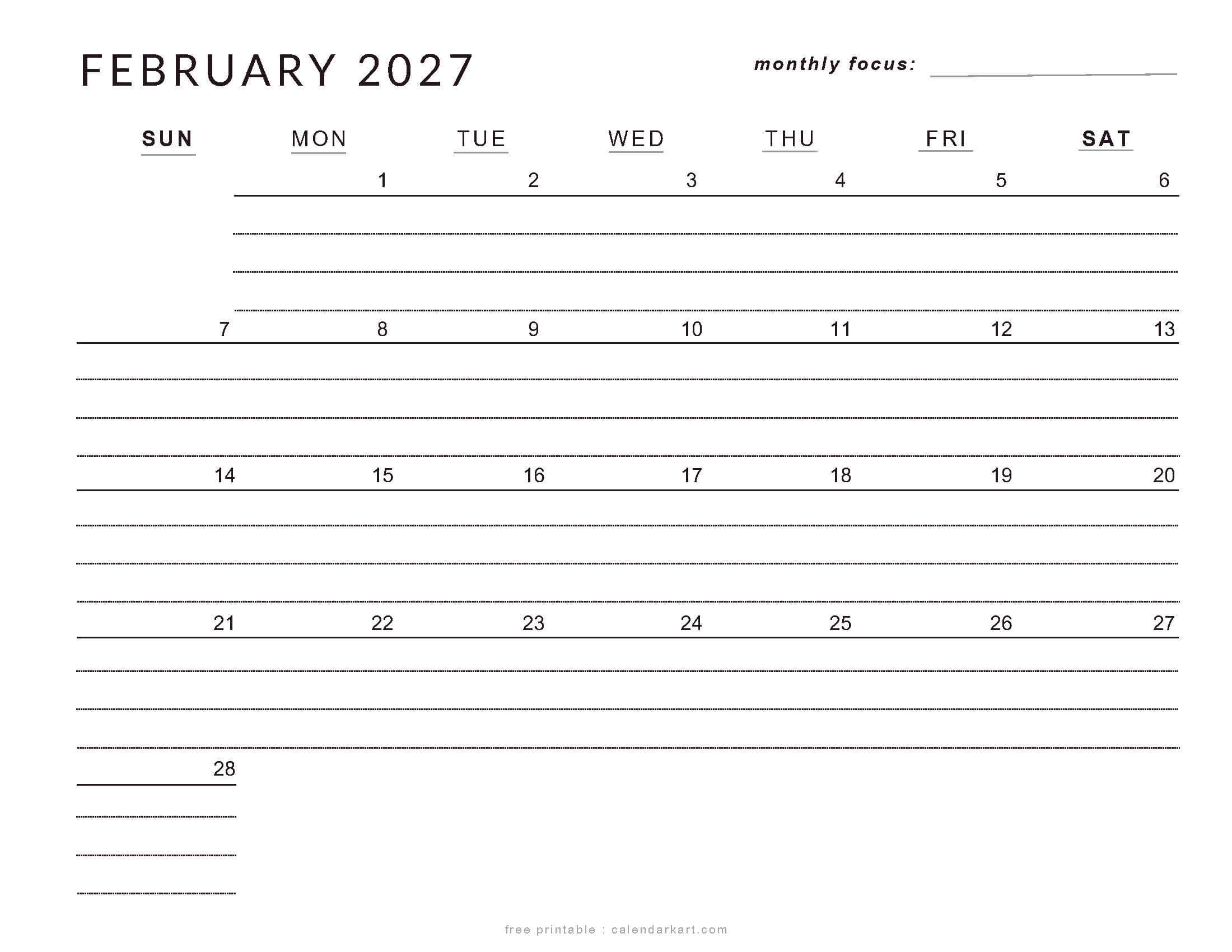 Printable February 2027 Calendar Lined