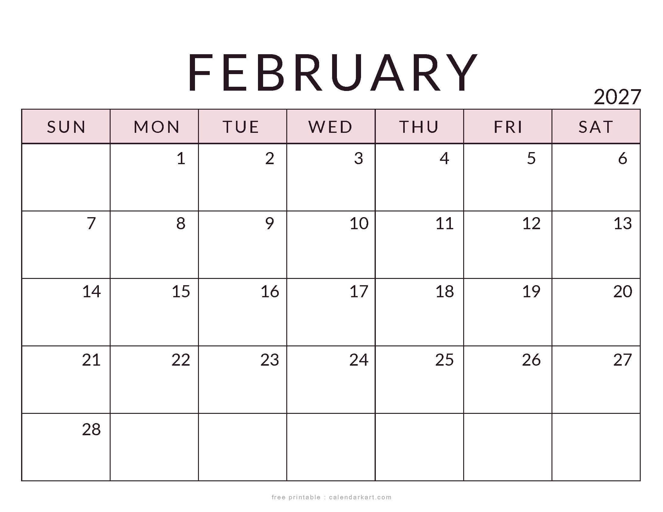 Printable February 2027 Calendar Minimal