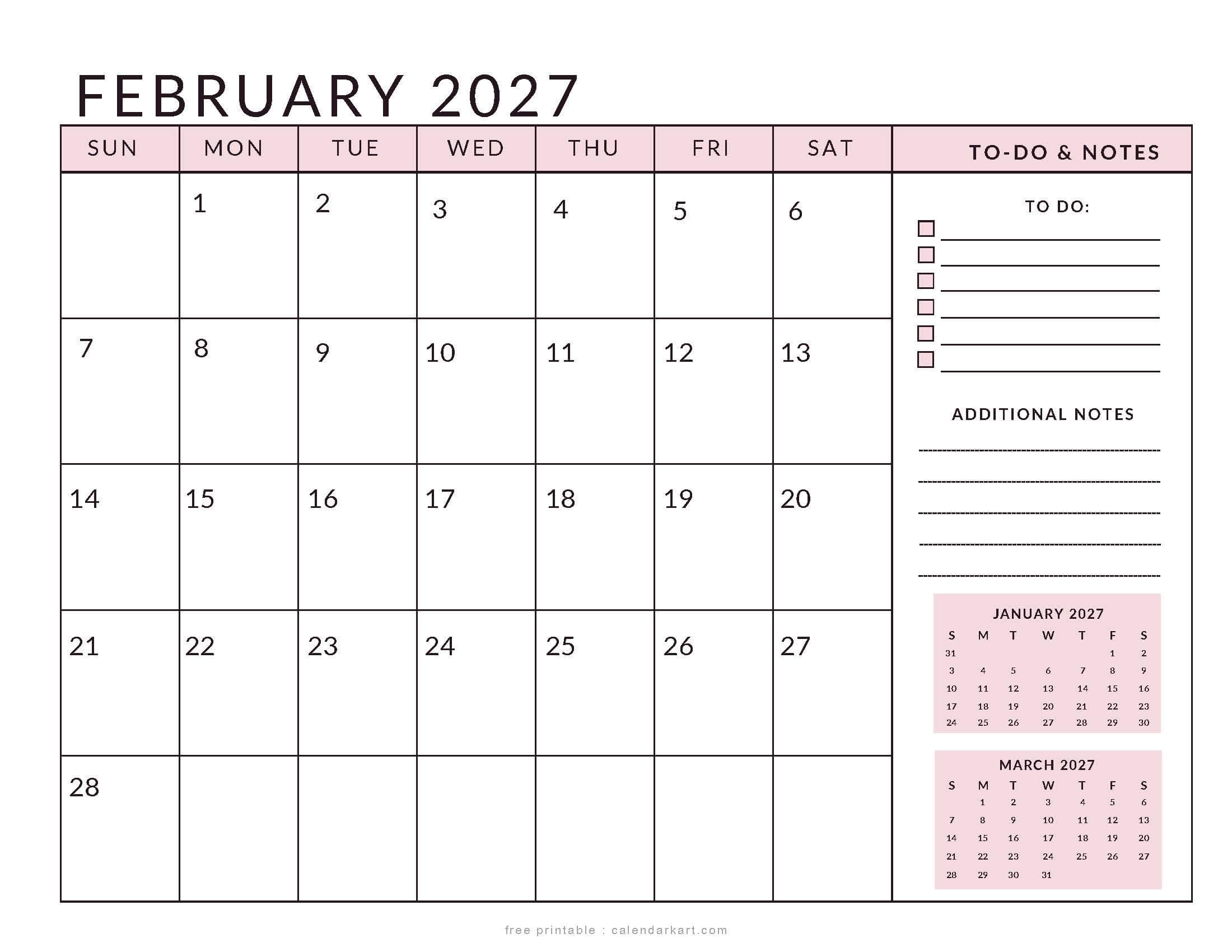 Printable February 2027 Calendar Planner Soft Pastel