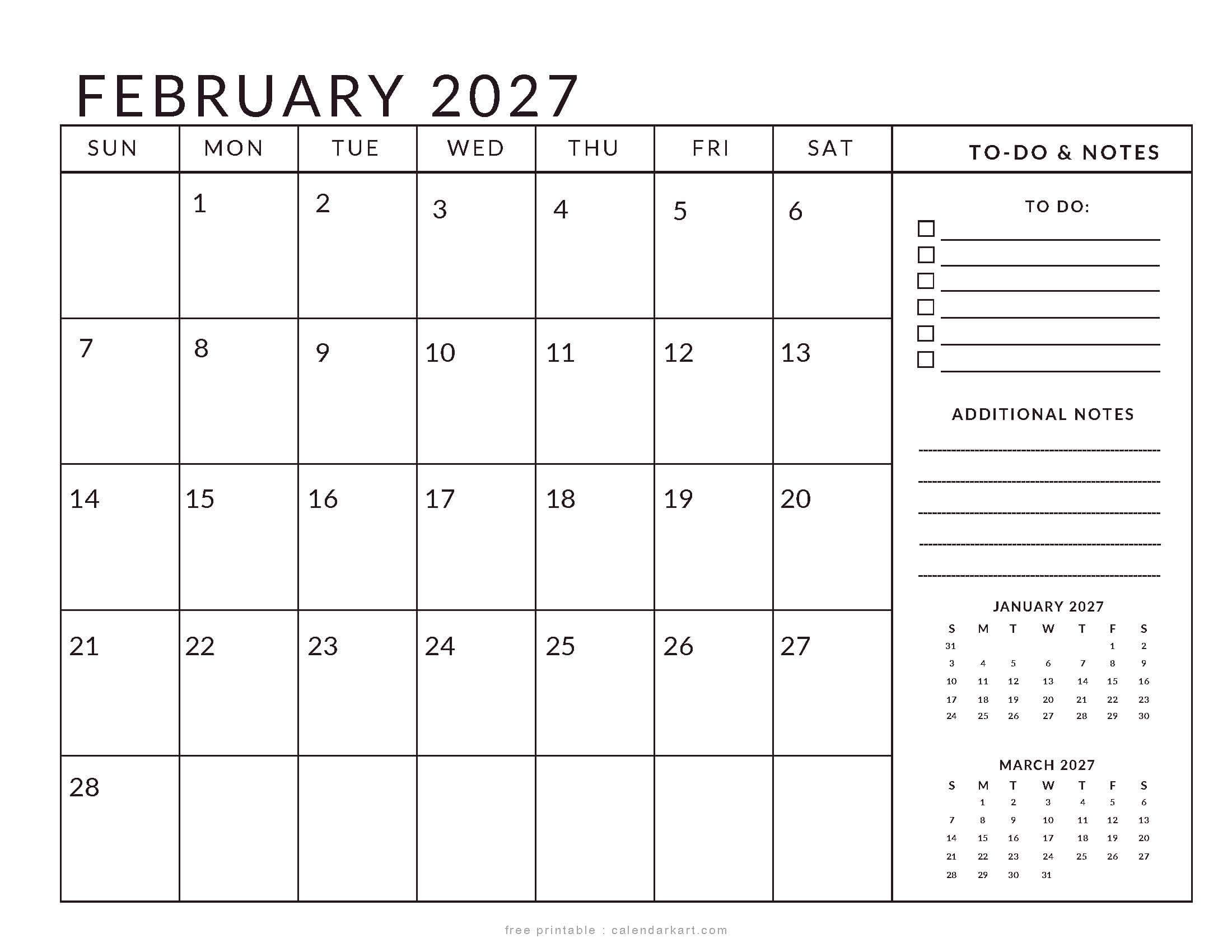Printable February 2027 Calendar Planner
