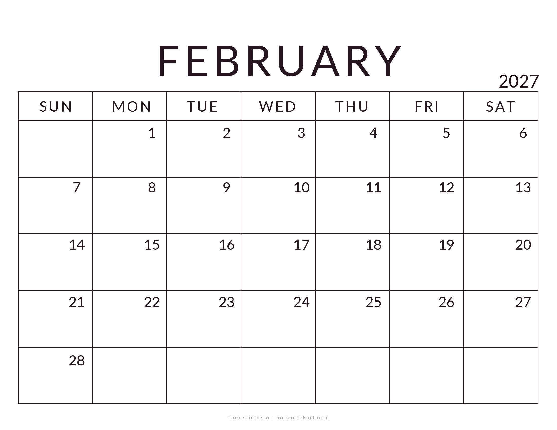 Printable February 2027 Calendar Standard