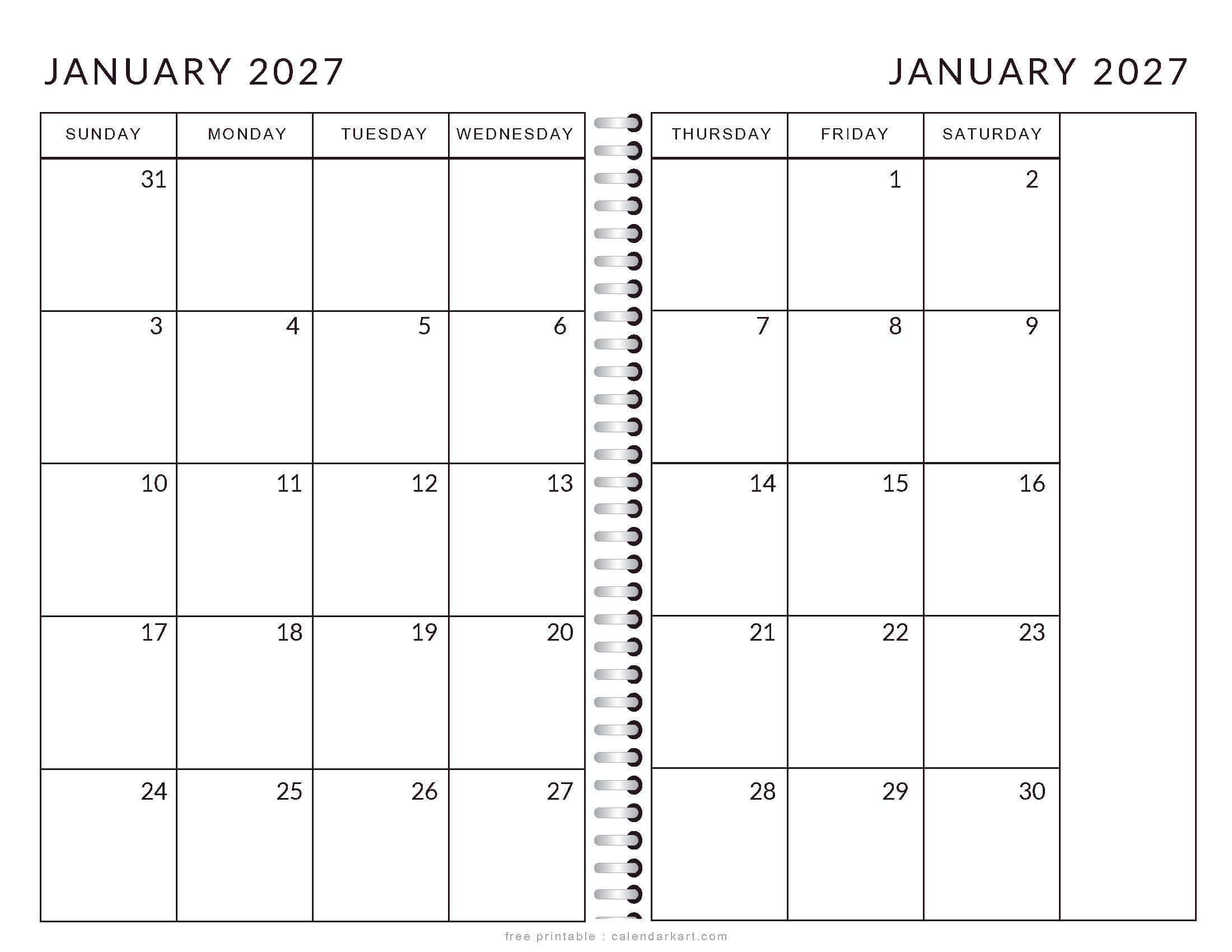 Printable January 2027 Calendar 2 Page Monthly