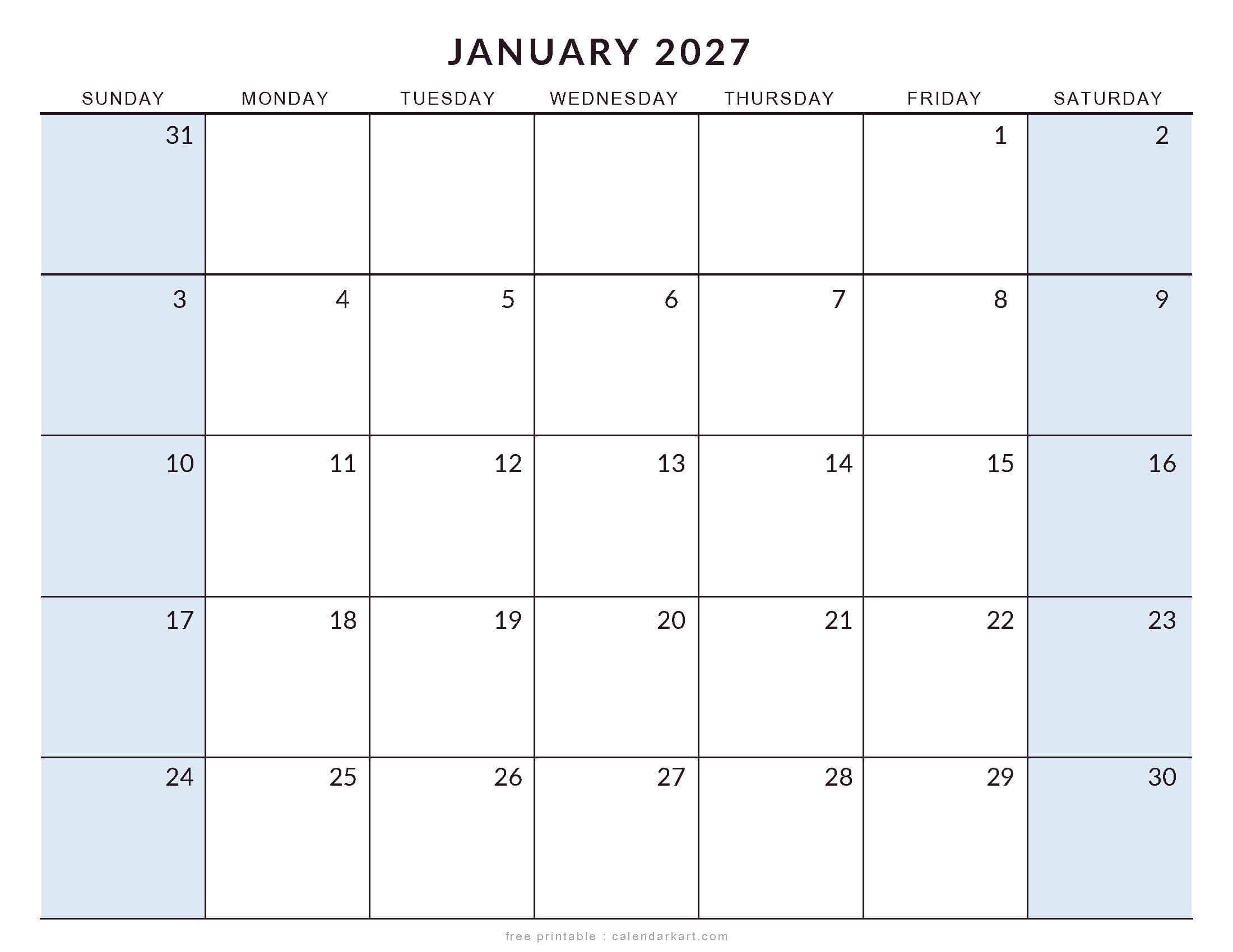 Printable January 2027 Calendar Large Size Soft Pastel