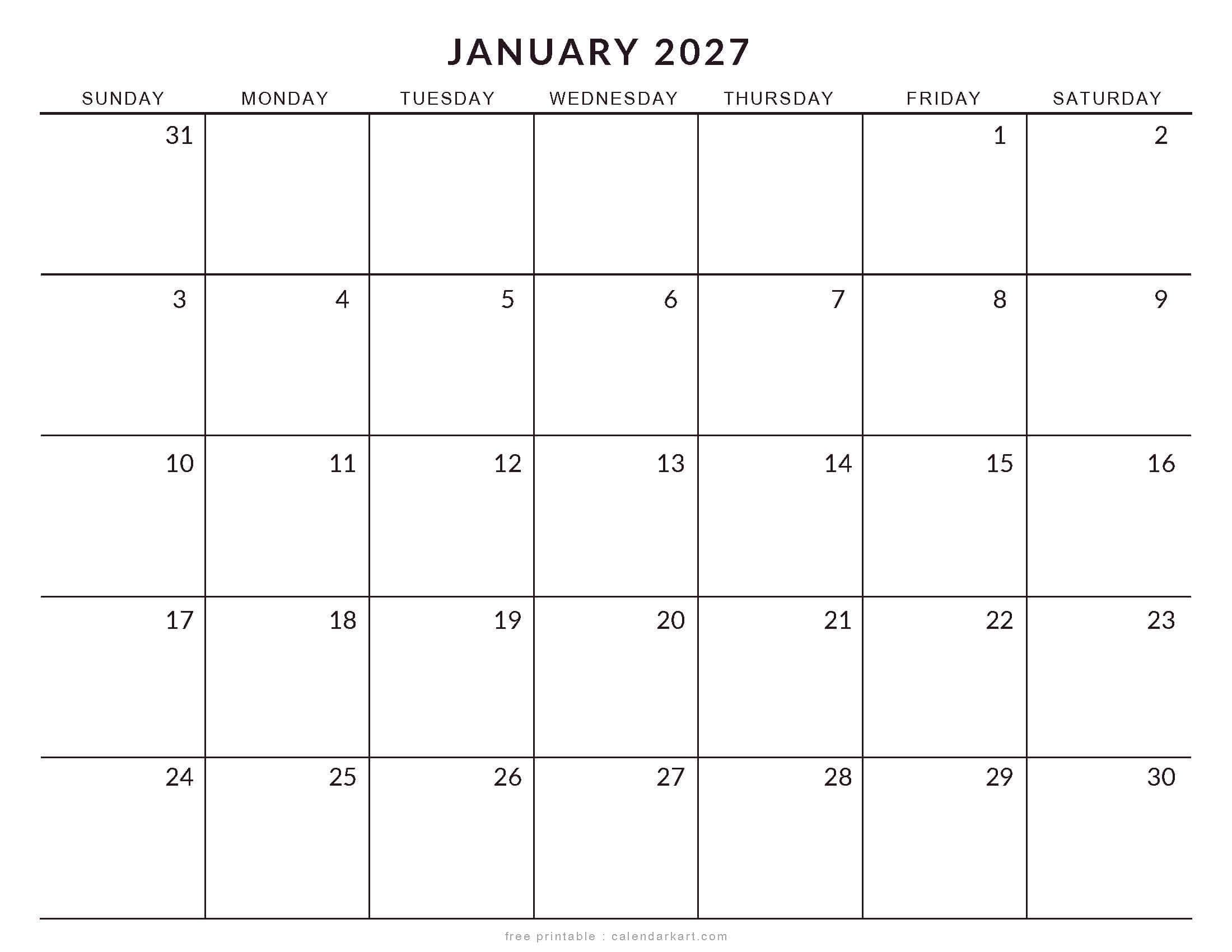 Printable January 2027 Calendar Large Size