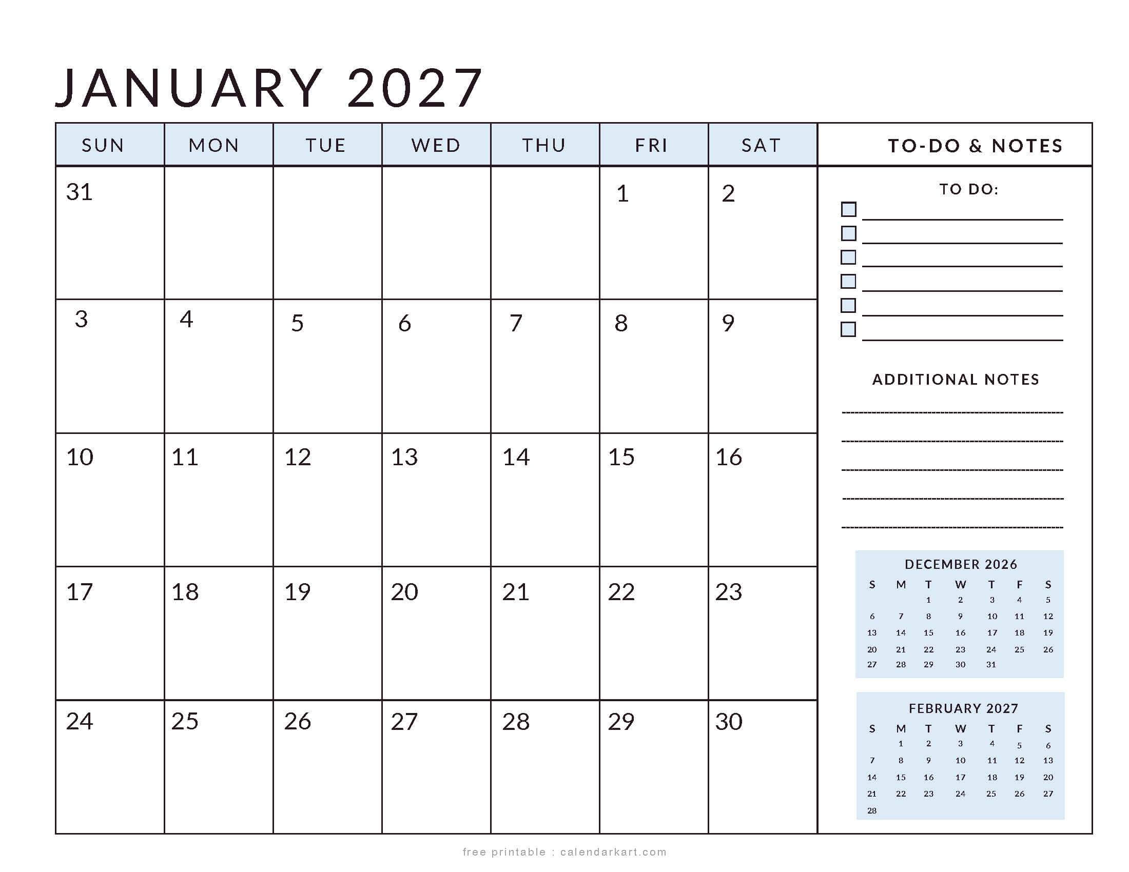 Printable January 2027 Calendar Planner Soft Pastel