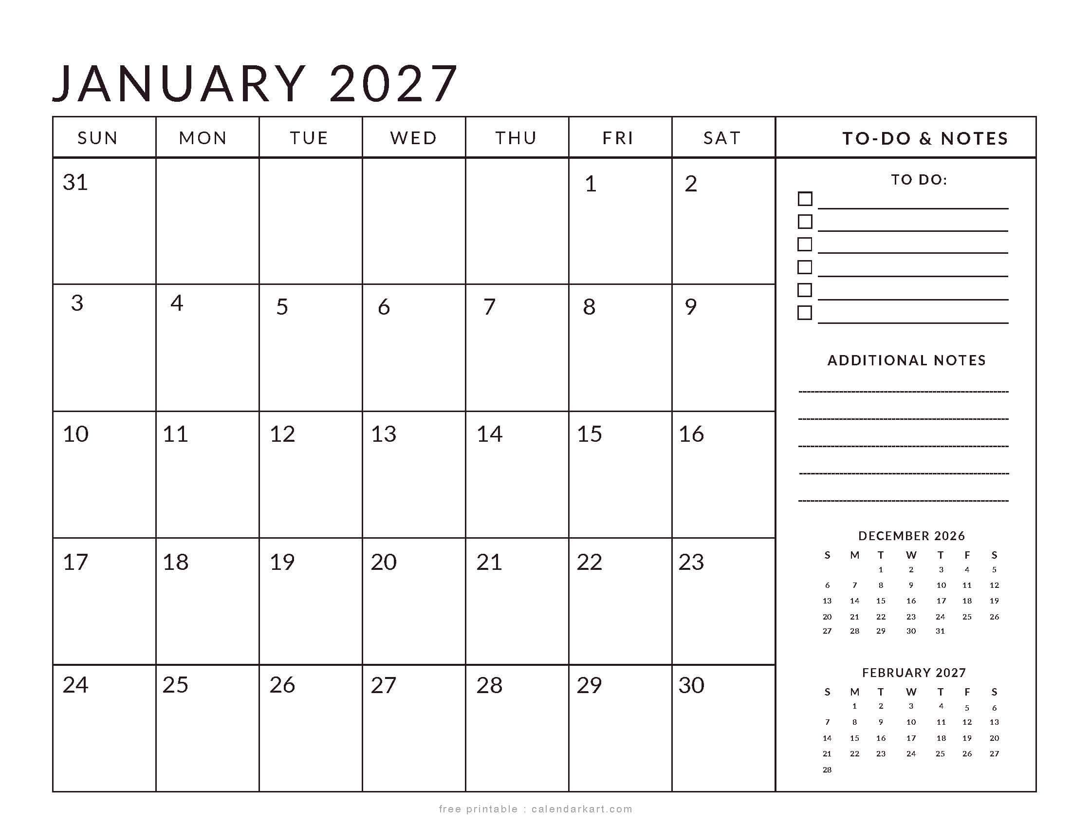 Printable January 2027 Calendar Planner