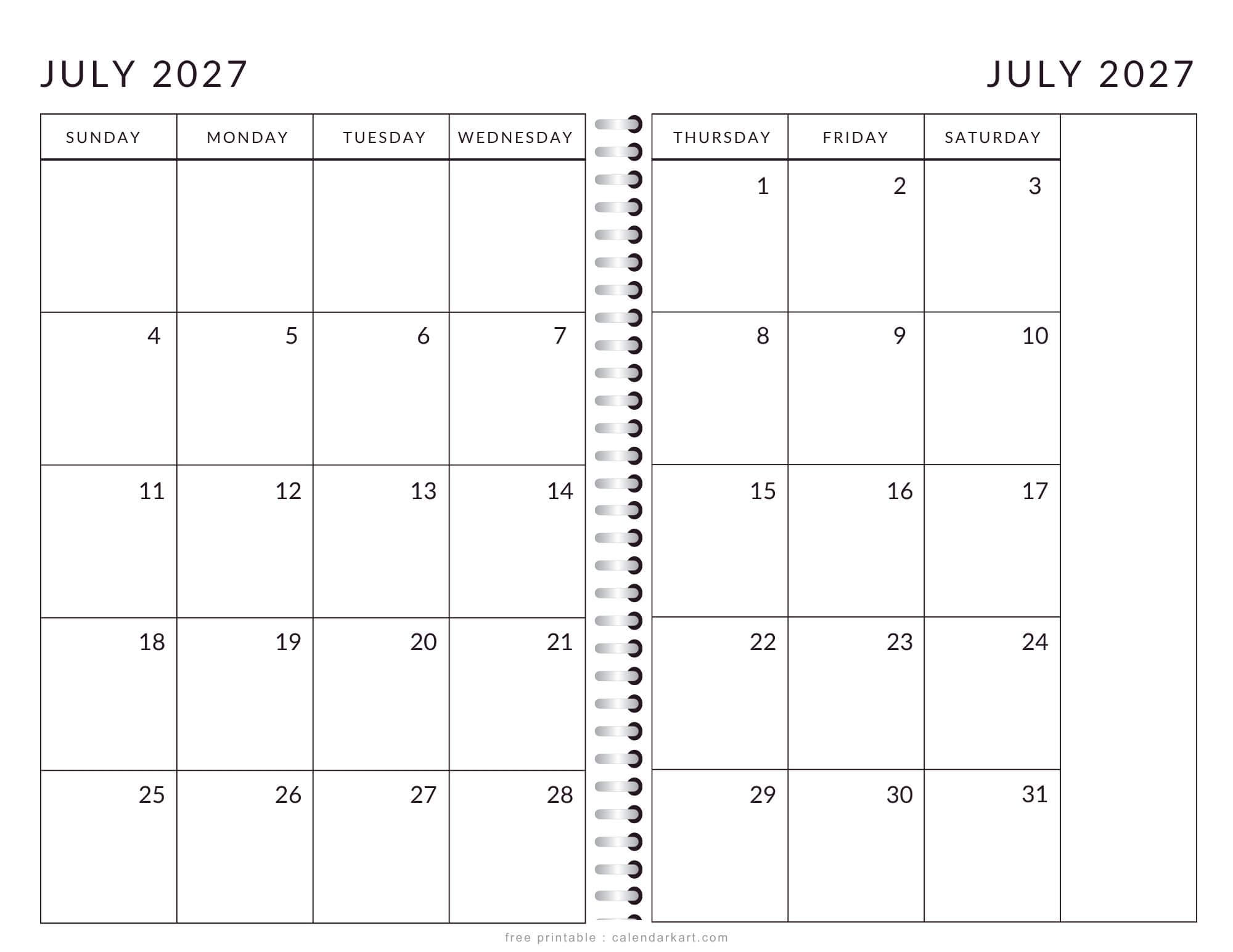 Printable July 2027 Calendar 2 Page Monthly