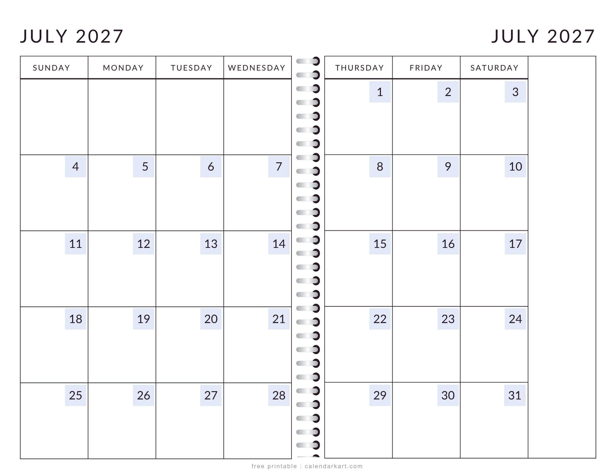 Printable July 2027 Calendar 2 Page Soft Pastel