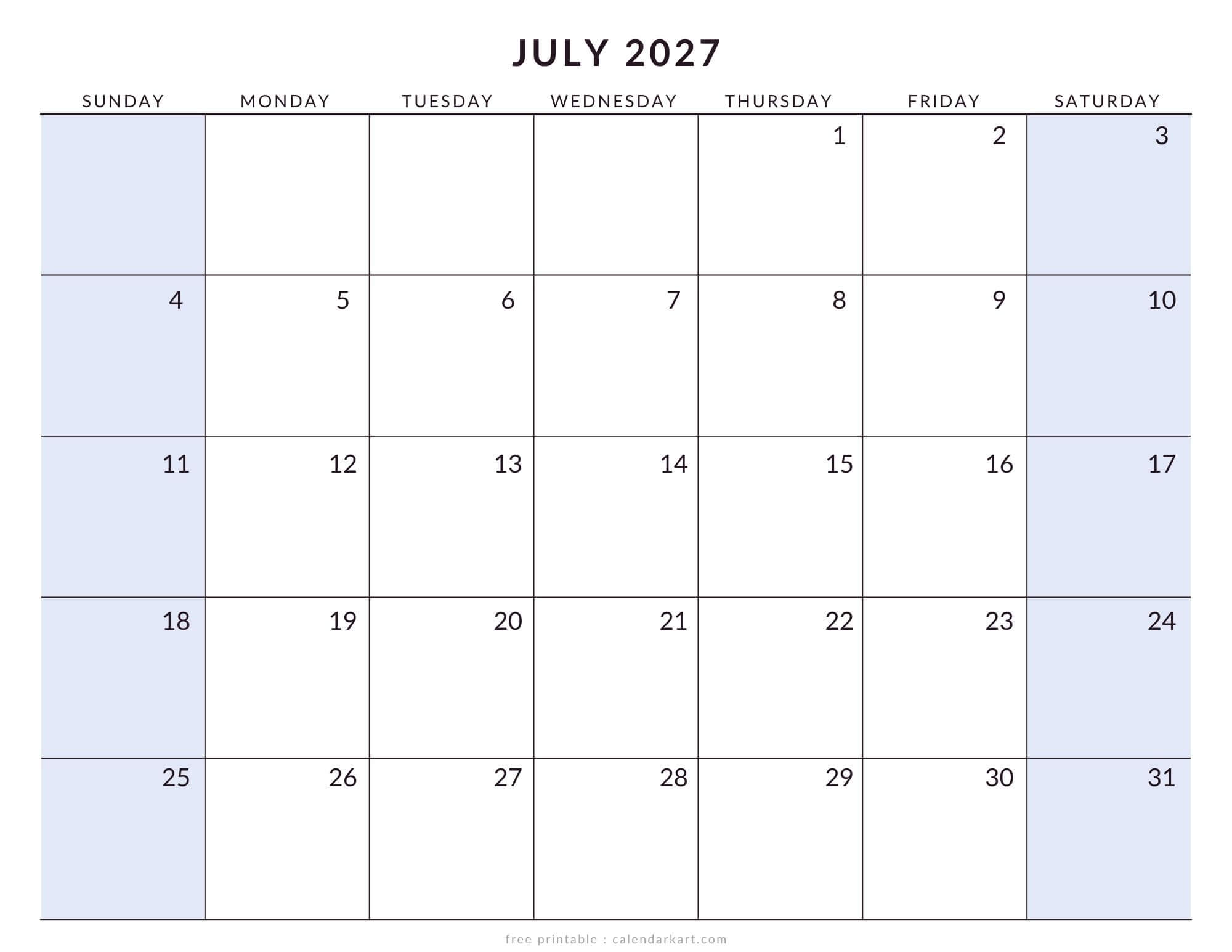 Printable July 2027 Calendar Large Size Soft Pastel