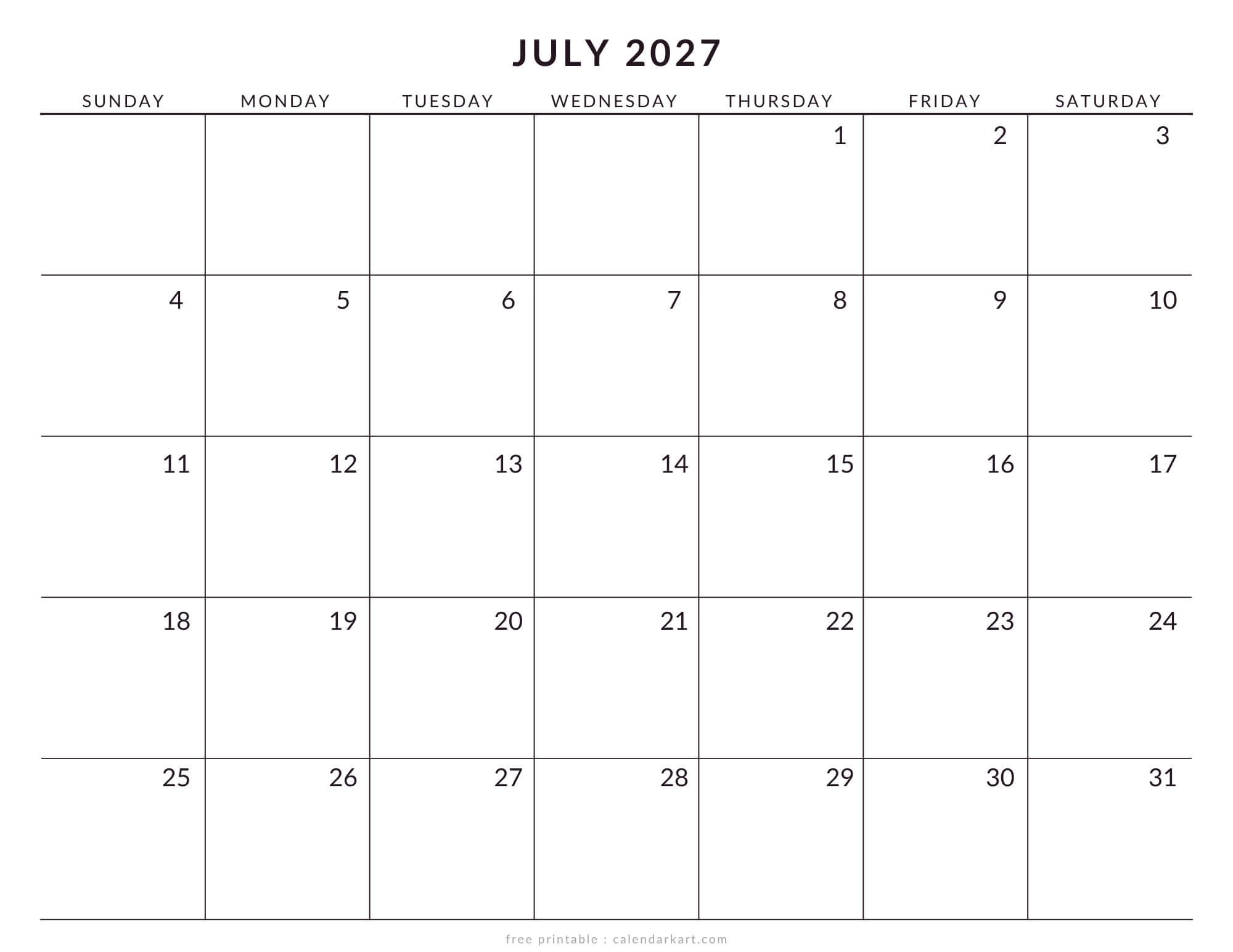 Printable July 2027 Calendar Large Size