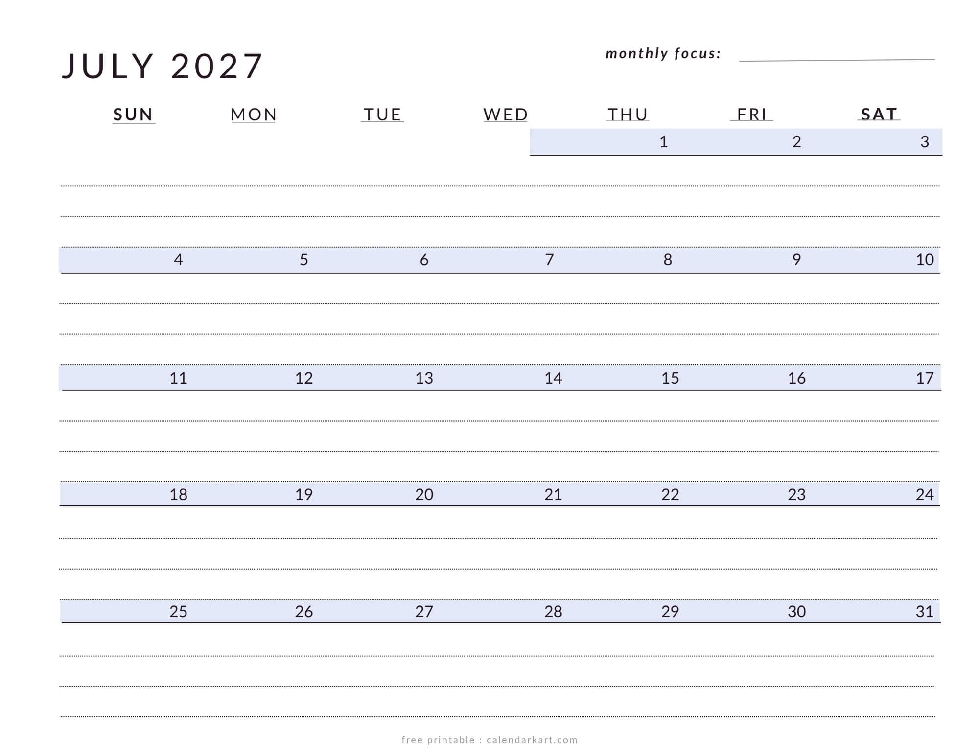Printable July 2027 Calendar Lined soft Pastel