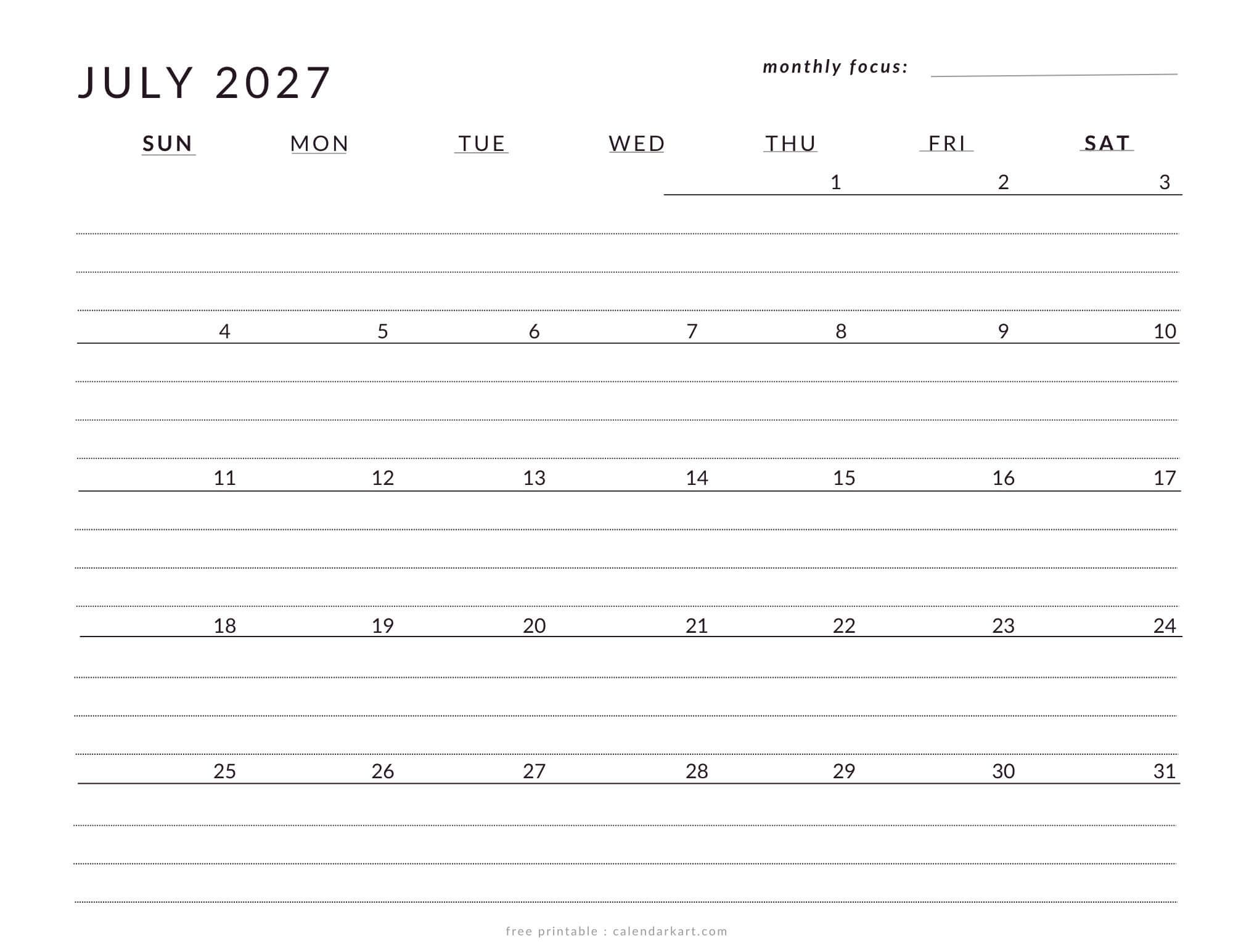 Printable July 2027 Calendar Lined