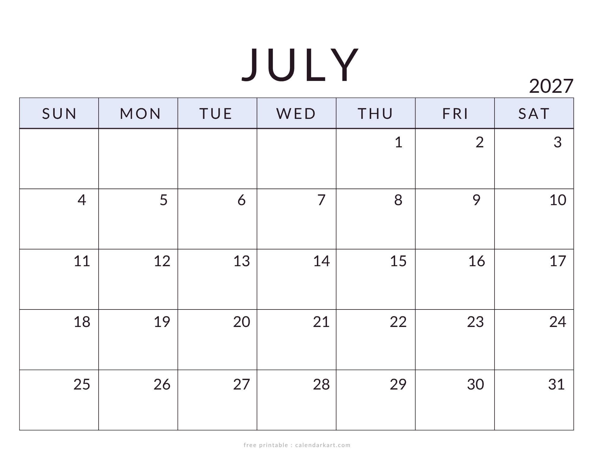 Printable July 2027 Calendar Minimal