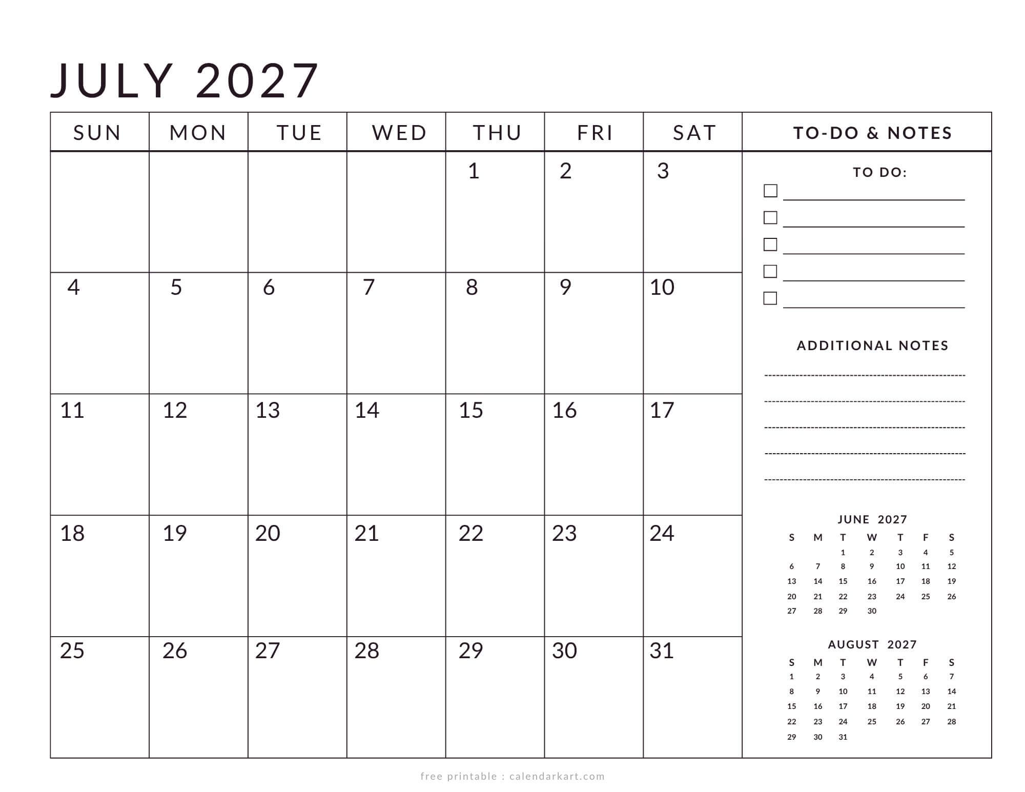 Printable July 2027 Calendar Planner