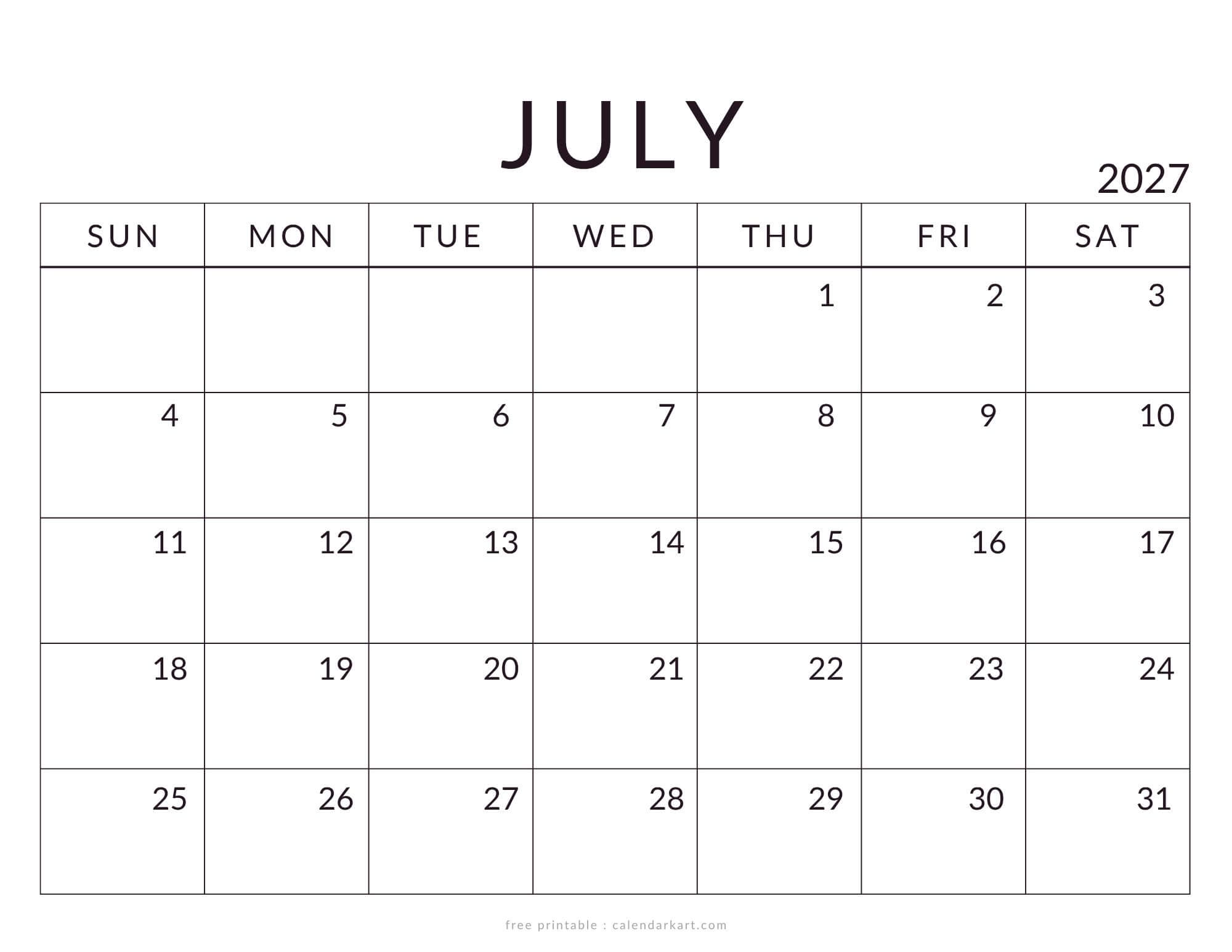 Printable July 2027 Calendar Standard