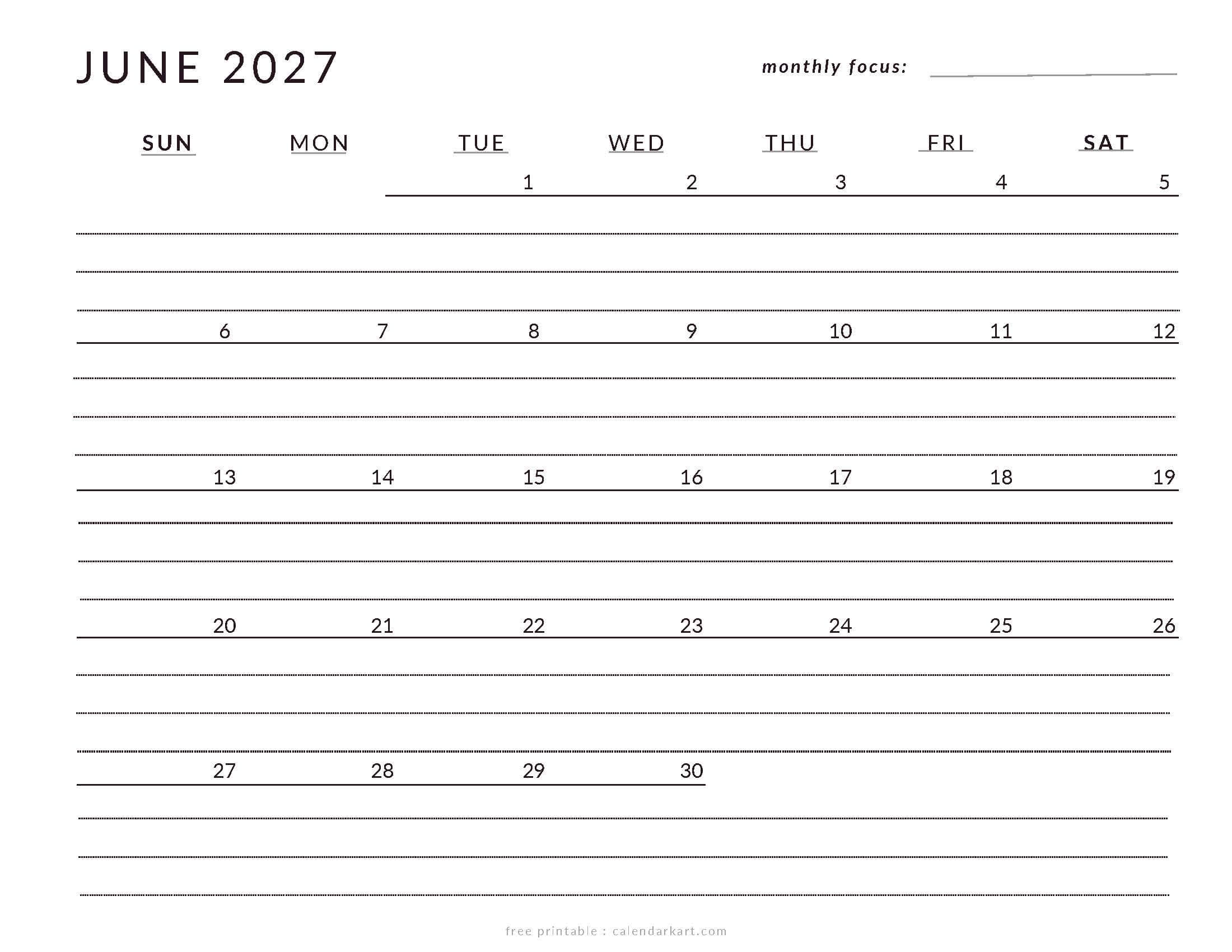 Printable June 2027 Calendar Lined