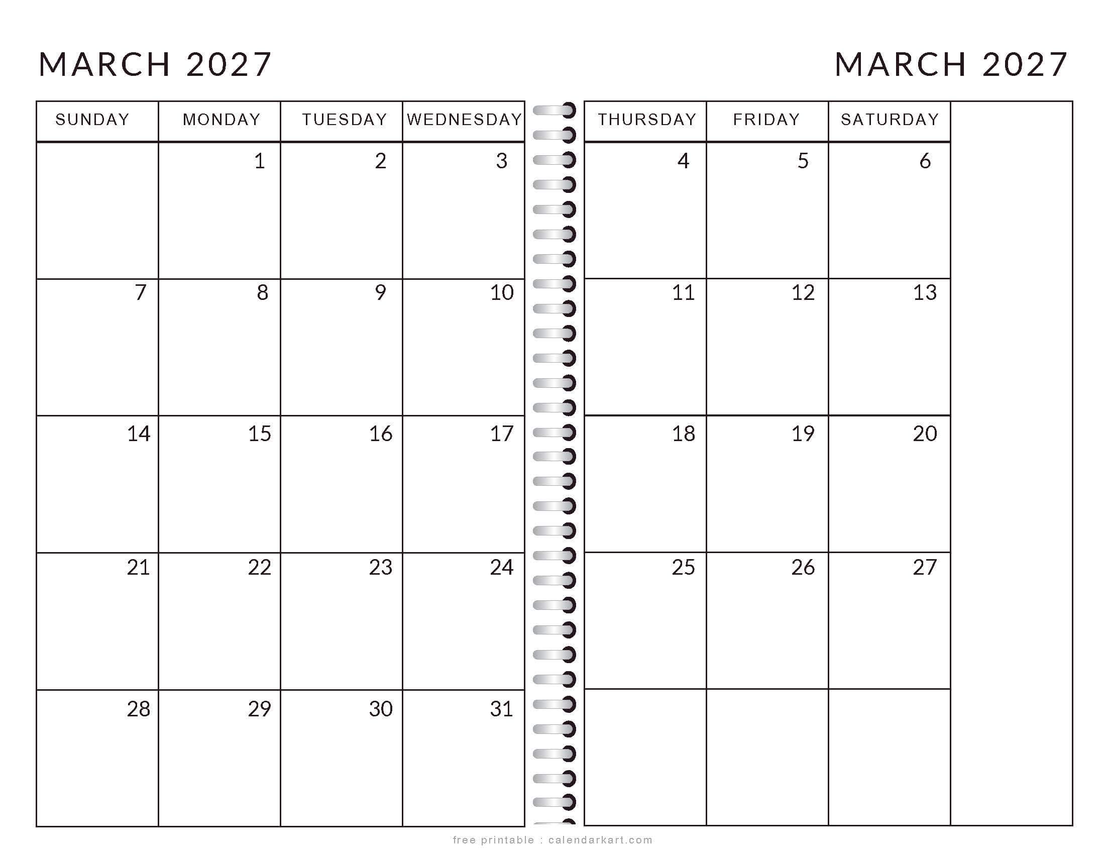 Printable March 2027 Calendar 2 Page Monthly