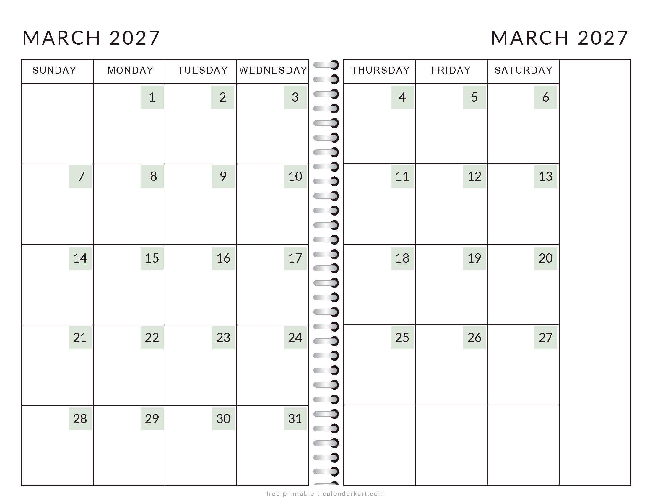 Printable March 2027 Calendar 2 Page Soft Pastel