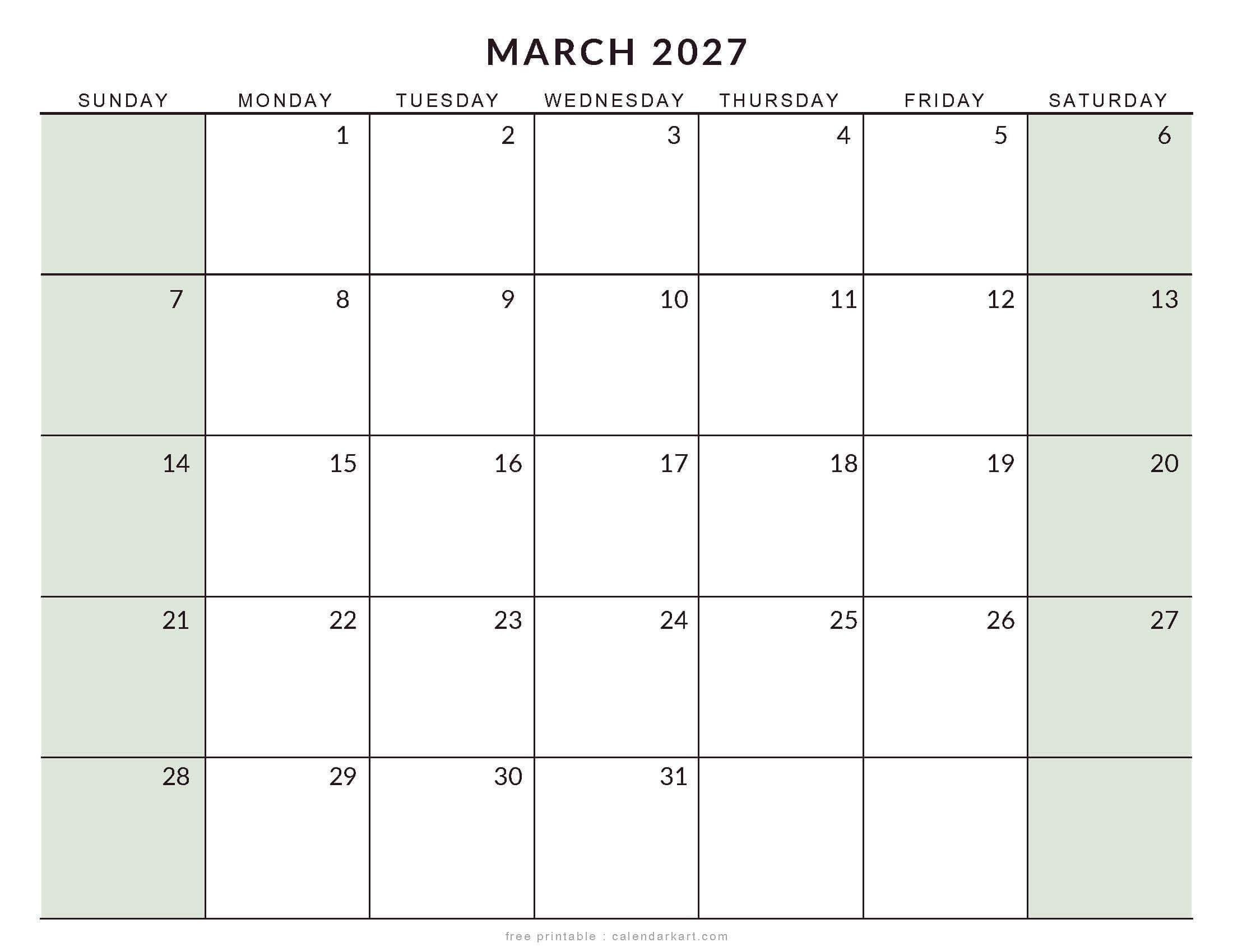 Printable March 2027 Calendar Large Size Soft Pastel