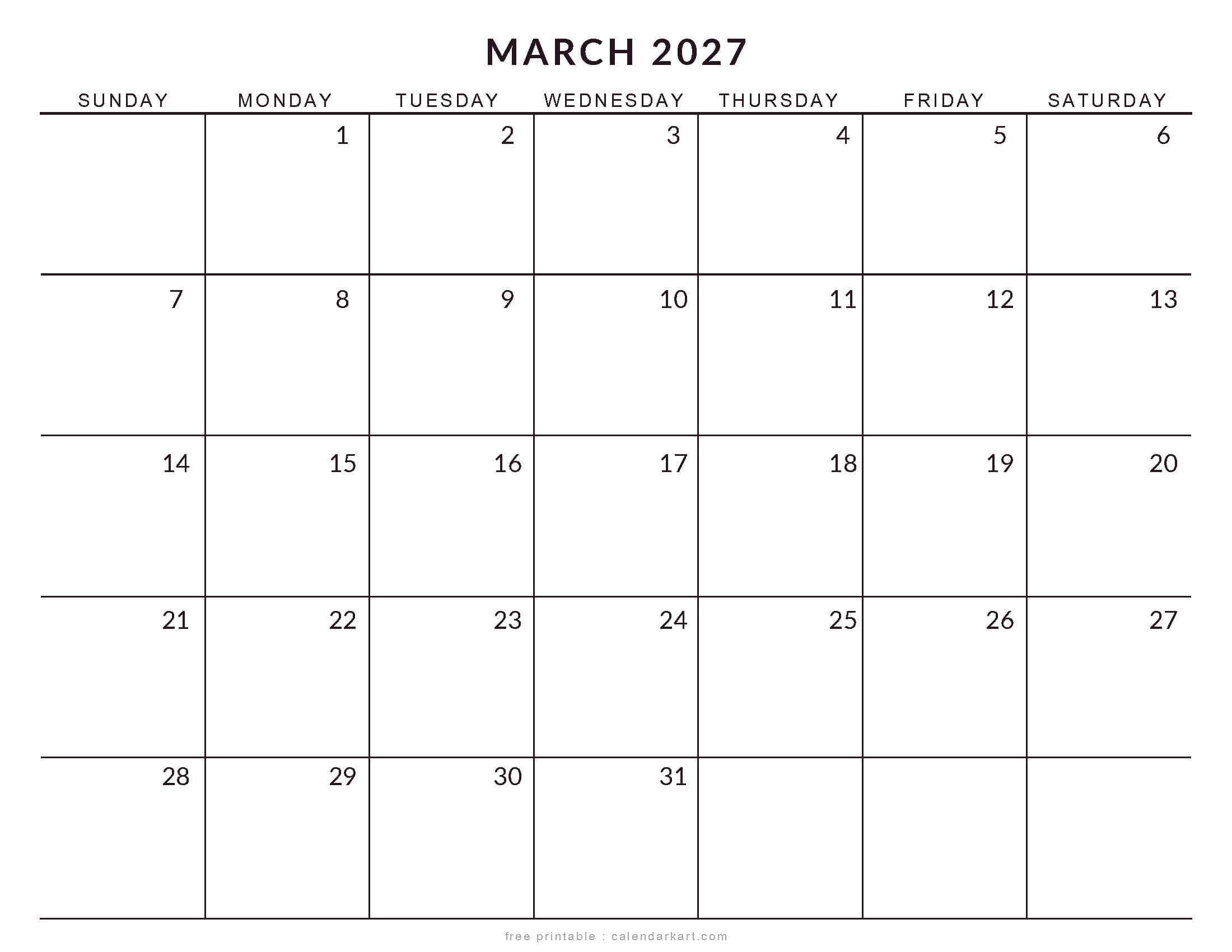 Printable March 2027 Calendar Large Size
