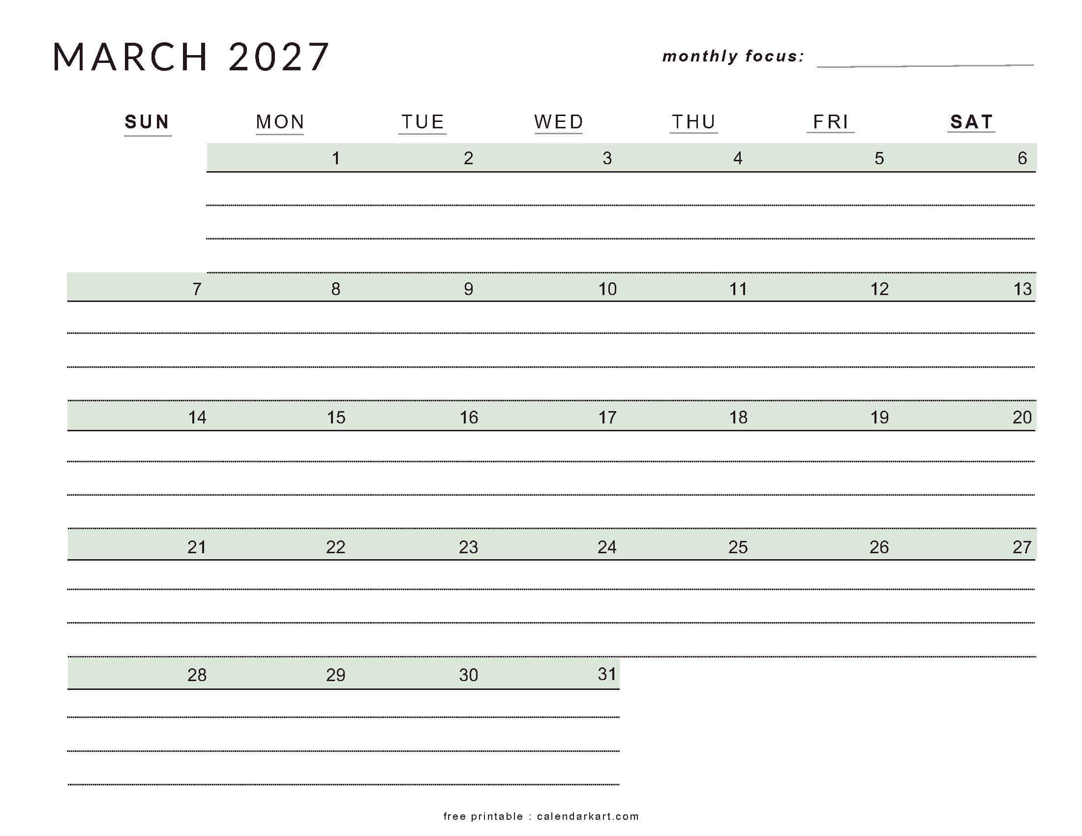 Printable March 2027 Calendar Lined soft Pastel