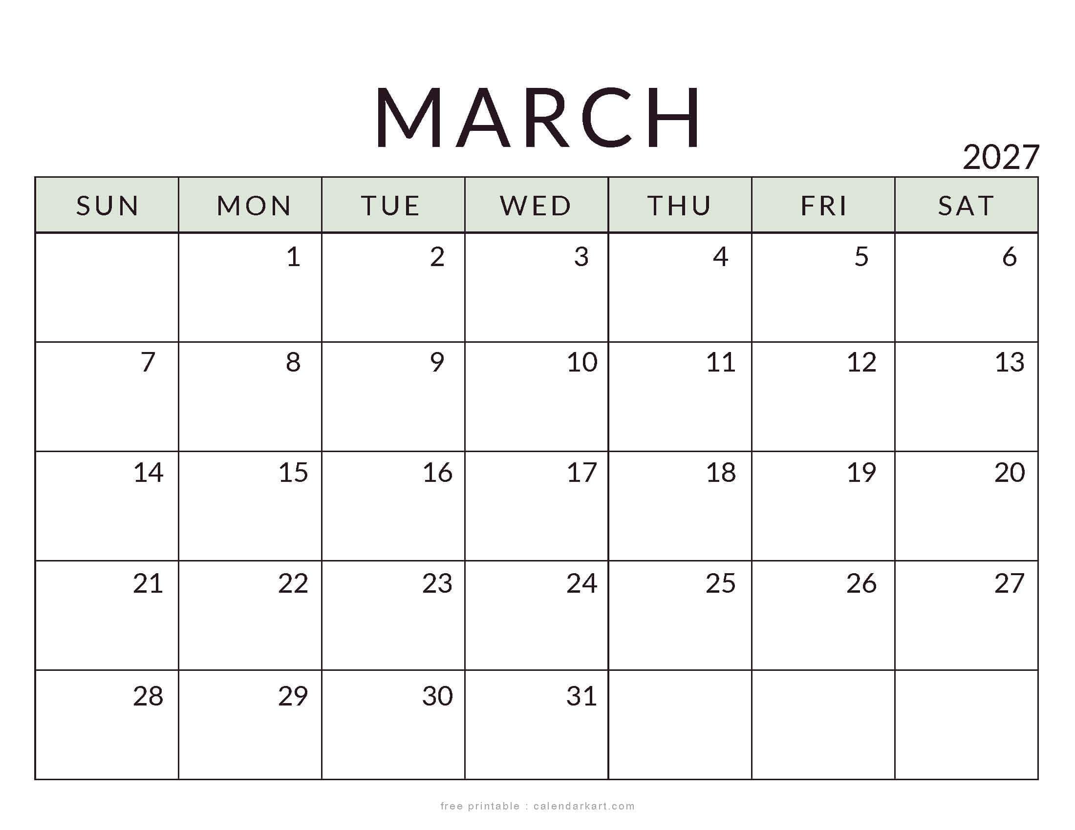 Printable March 2027 Calendar Minimal
