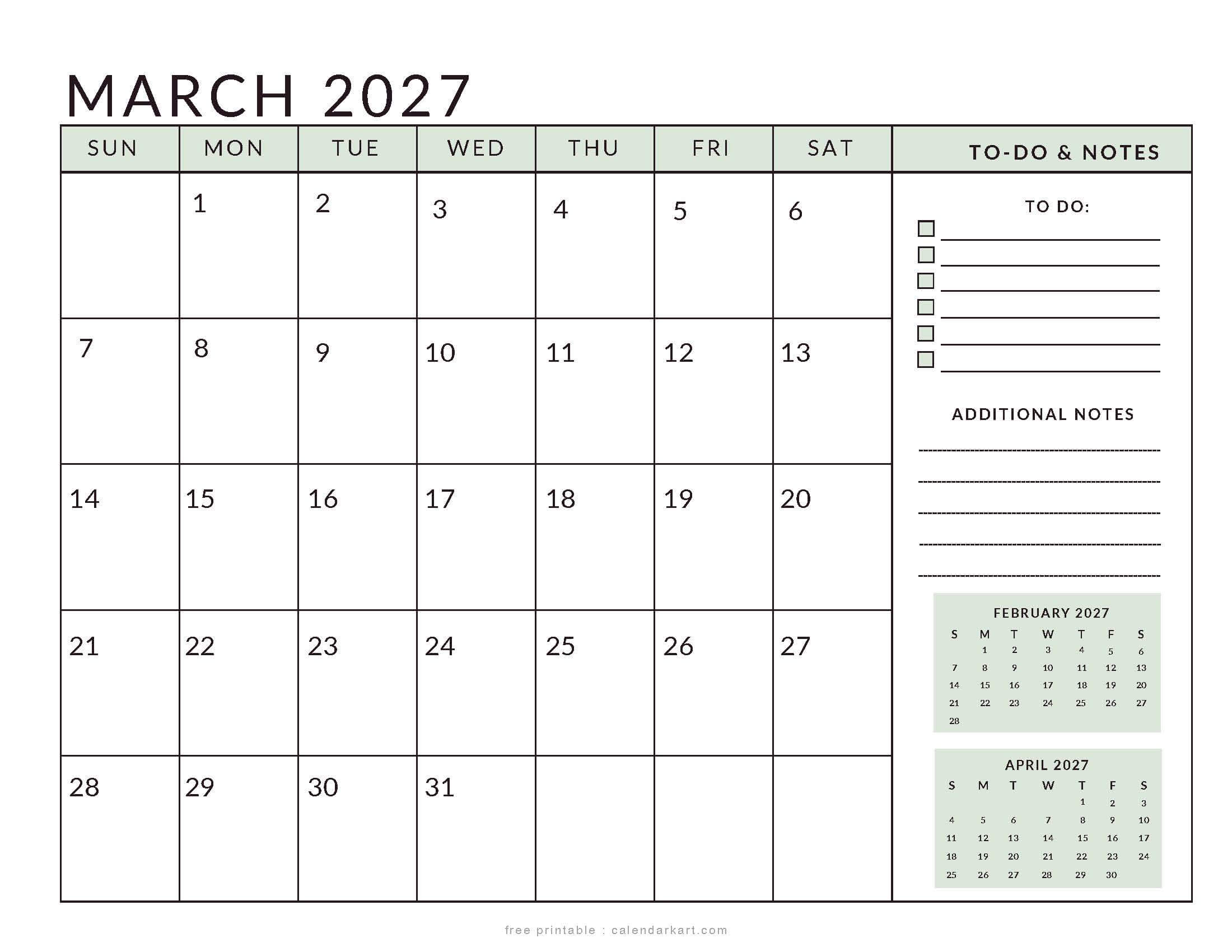 Printable March 2027 Calendar Planner Soft Pastel