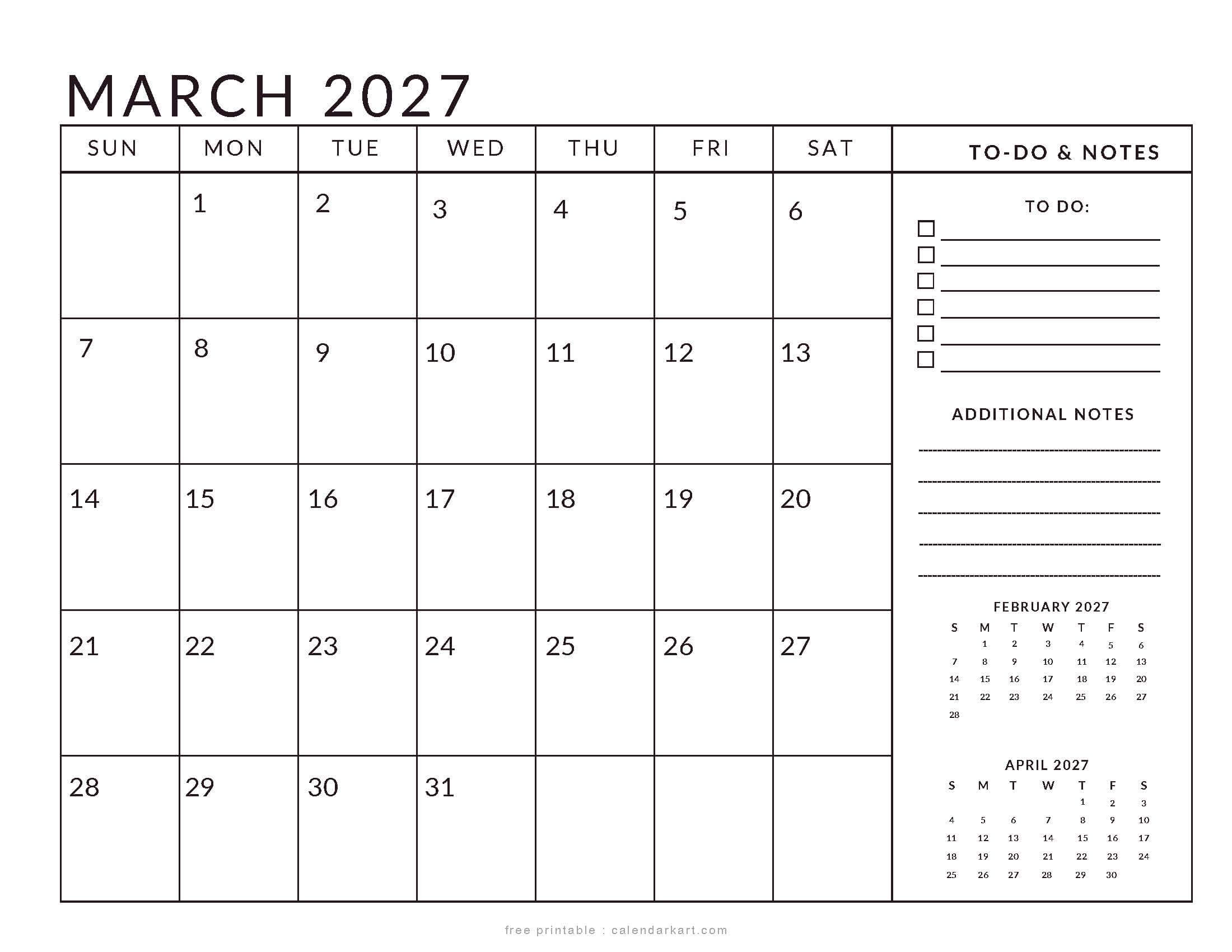 Printable March 2027 Calendar Planner