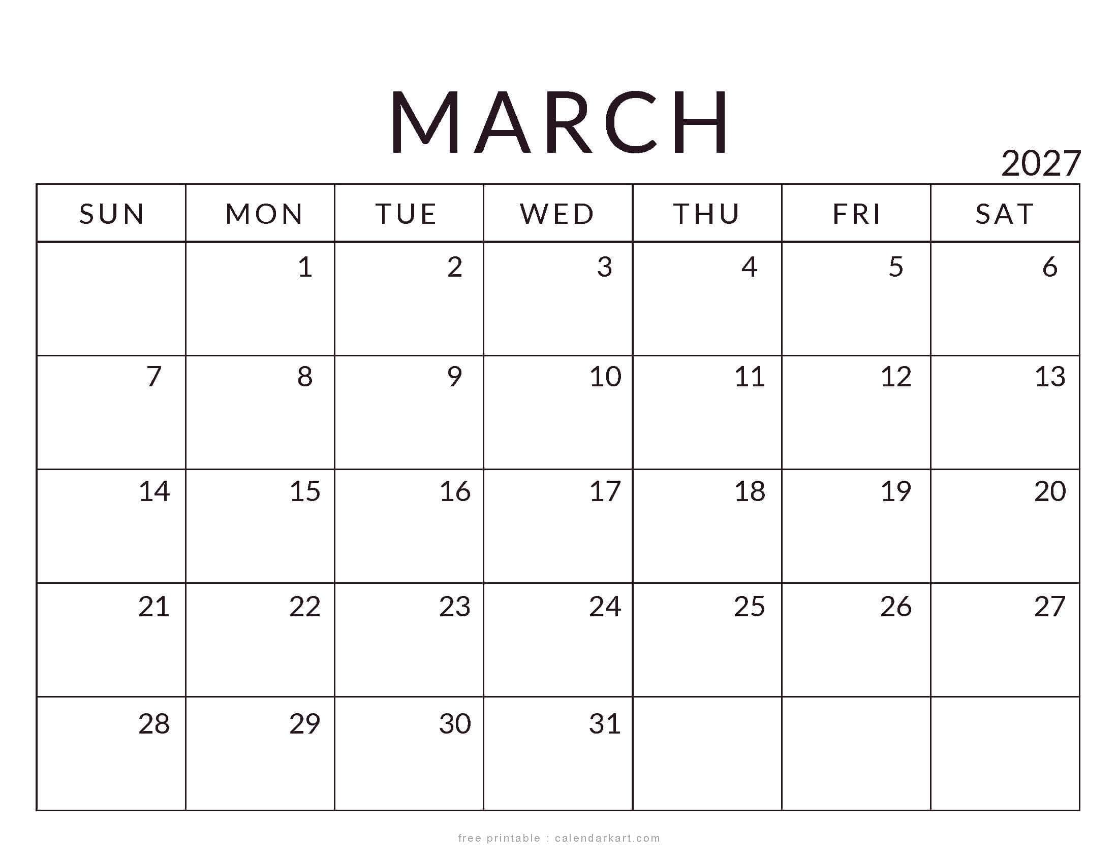 Printable March 2027 Calendar Standard