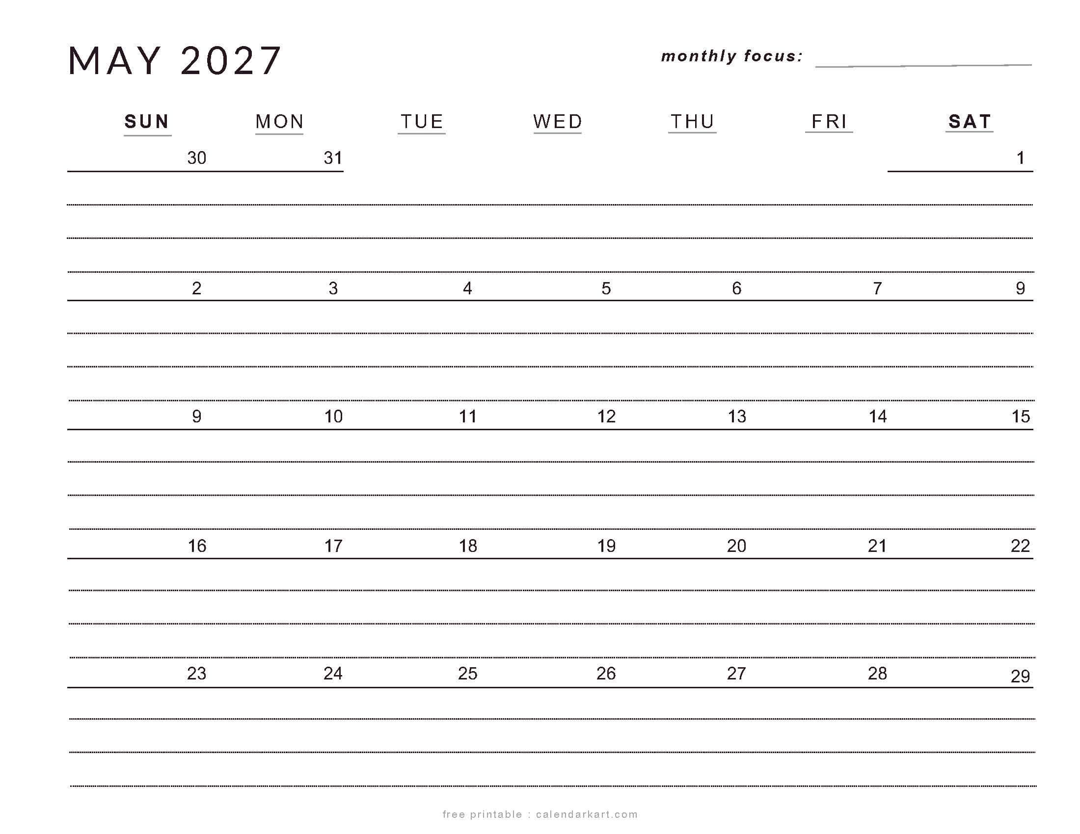 Printable May 2027 Calendar Lined
