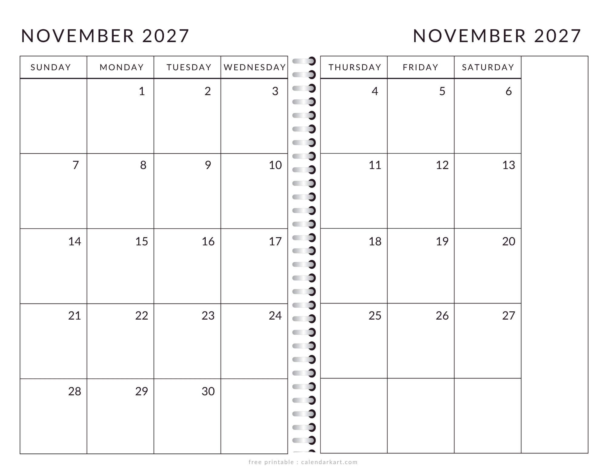 Printable November 2027 Calendar 2 Page Monthly
