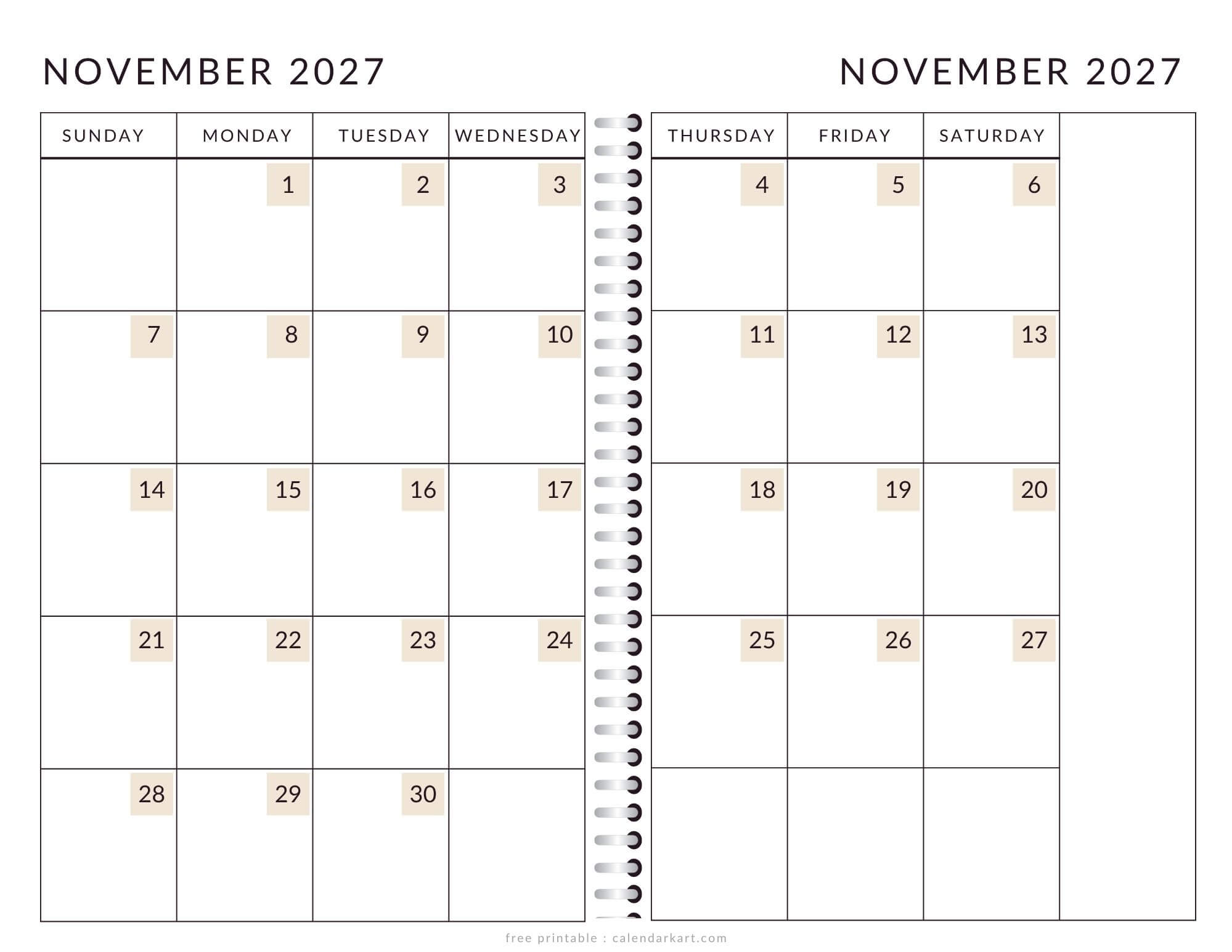 Printable November 2027 Calendar 2 Page Soft Pastel
