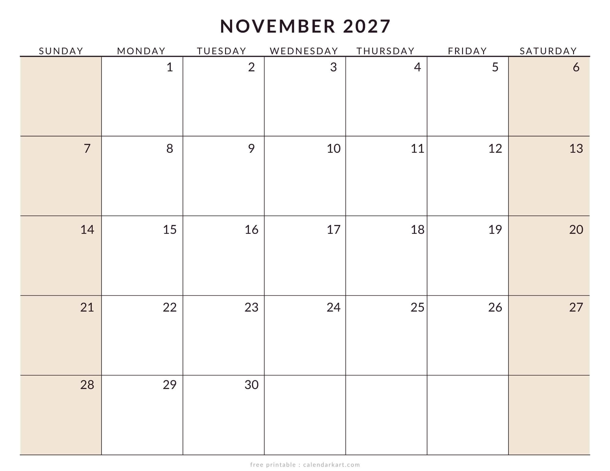 Printable November 2027 Calendar Large Size Soft Pastel