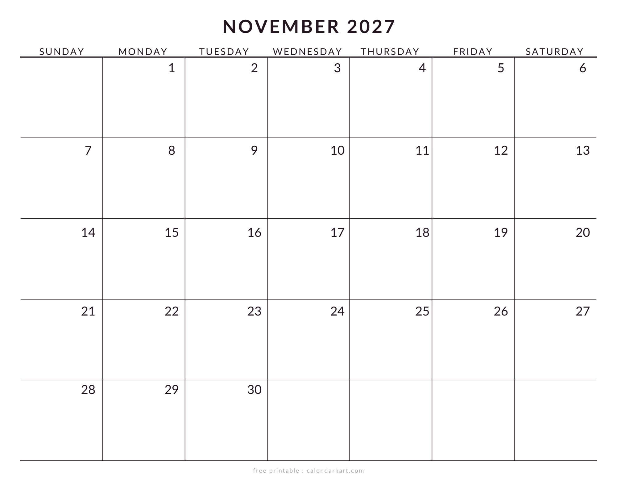 Printable November 2027 Calendar Large Size