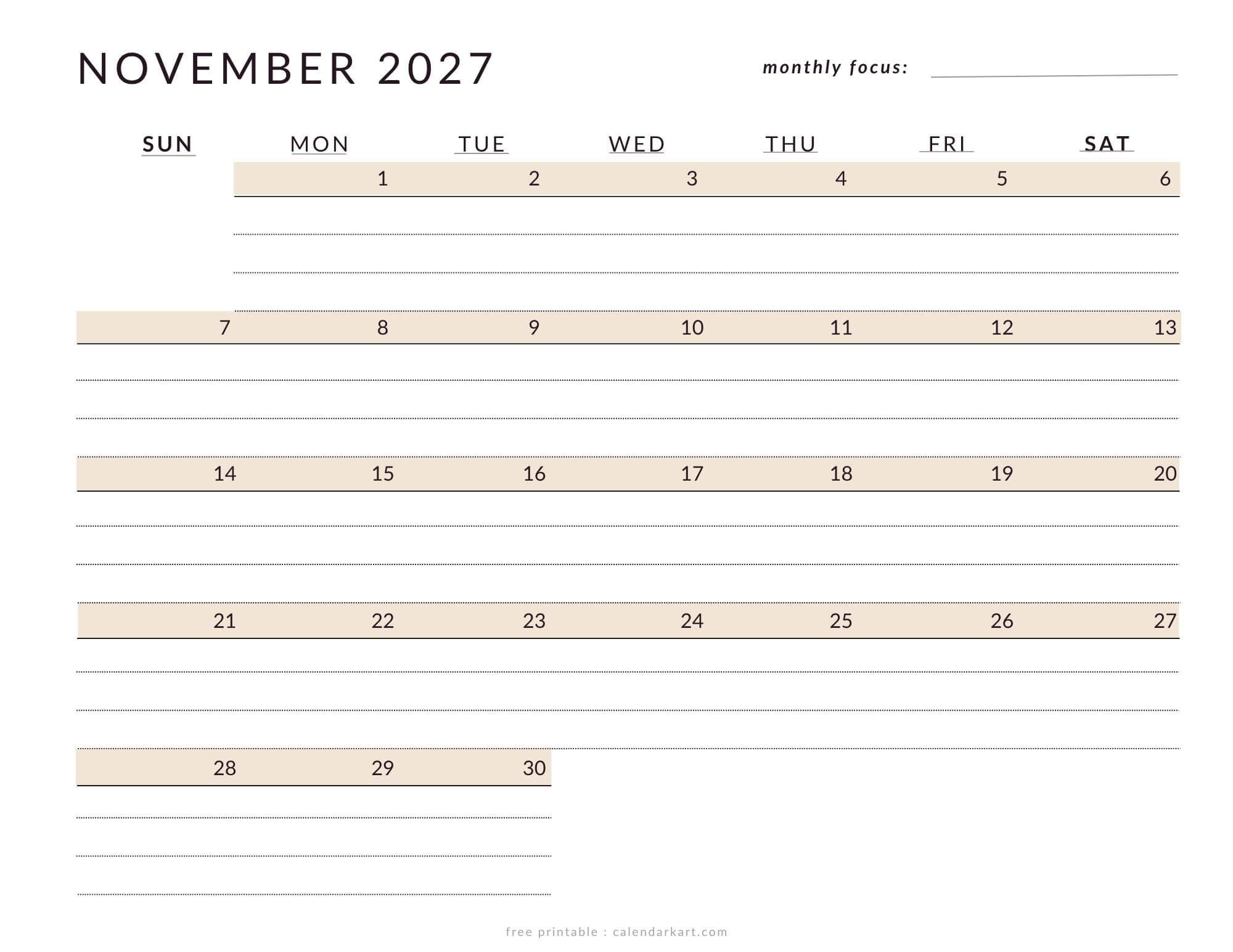 Printable November 2027 Calendar Lined soft Pastel