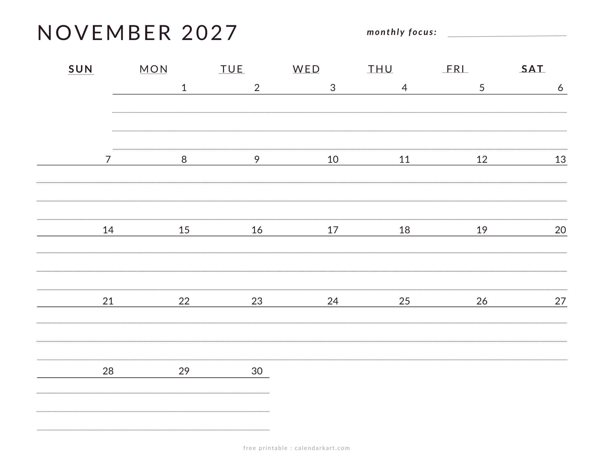 Printable November 2027 Calendar Lined