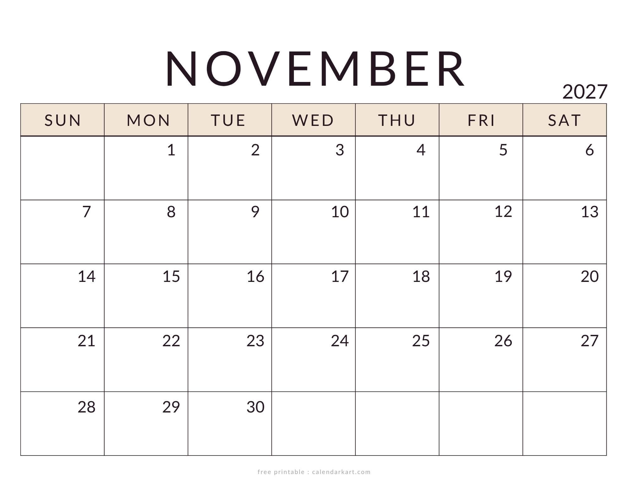 Printable November 2027 Calendar Minimal