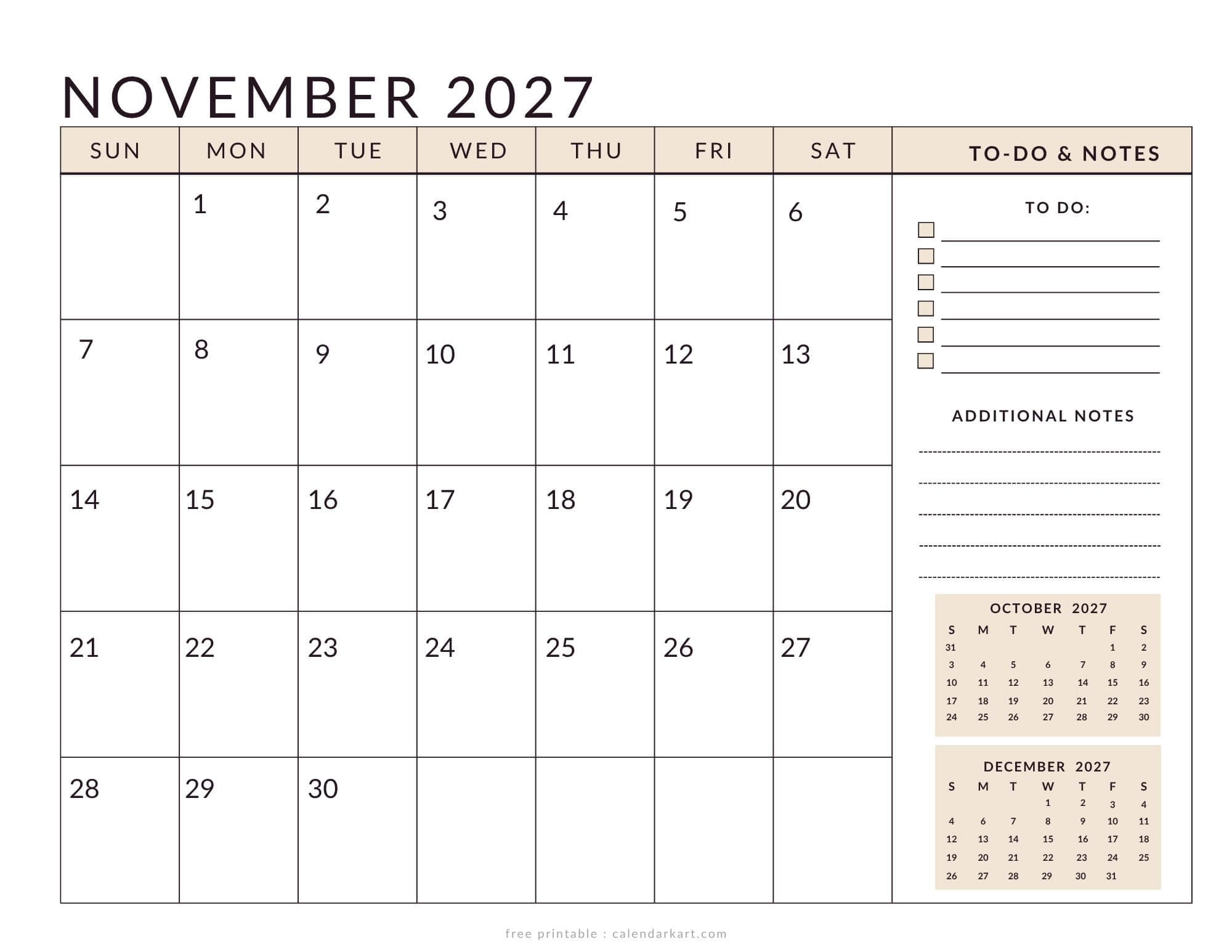 Printable November 2027 Calendar Planner Soft Pastel