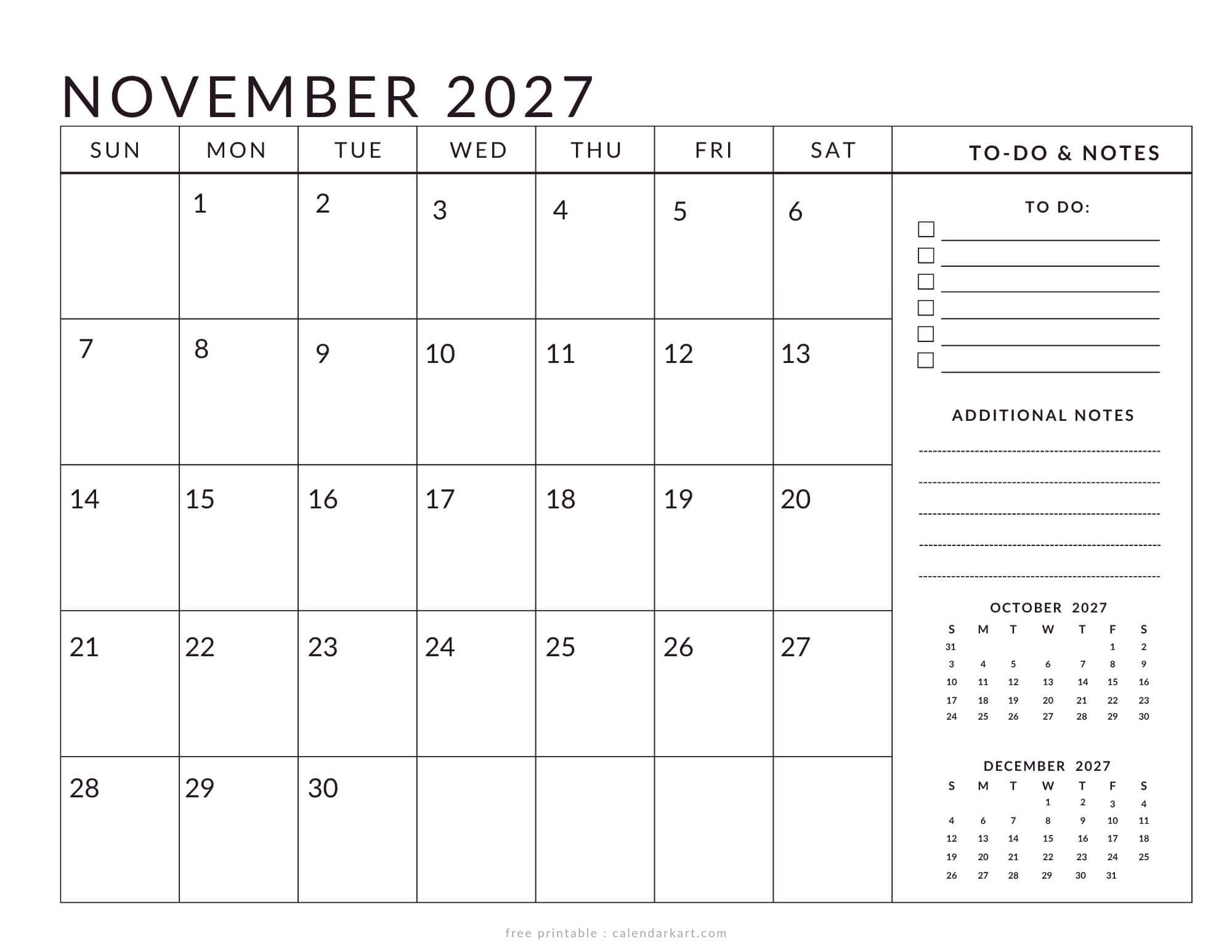Printable November 2027 Calendar Planner