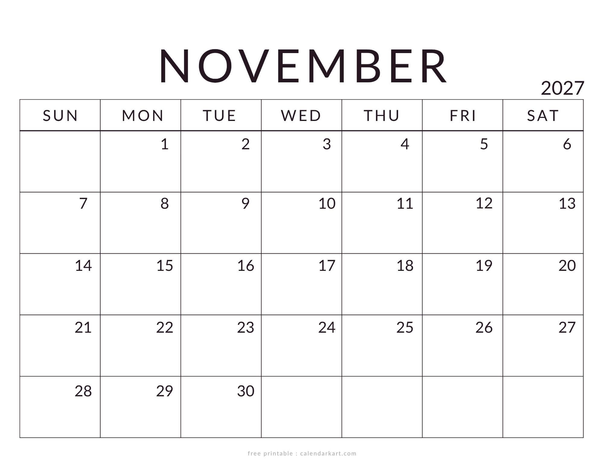 Printable November 2027 Calendar Standard